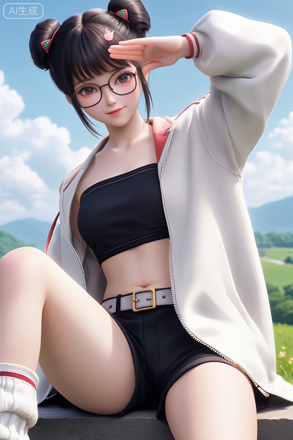 masterpiece,best quality,official art,extremely detailed CG unity 8k wallpaper,1girl,solo,looking at viewer,short hair,bangs,skirt,black hair,navel,jewelry,white coat,open coat,glasses,shorts,midriff,belt,black skirt,hair bun,open clothes,double bun,sitting,outdoors,day,sky,black tube top,arm up,wrist,loose socks,black baggy shorts,black footwear,shoes,leg lift,happiness,happiness,happiness,full body,full-body blush