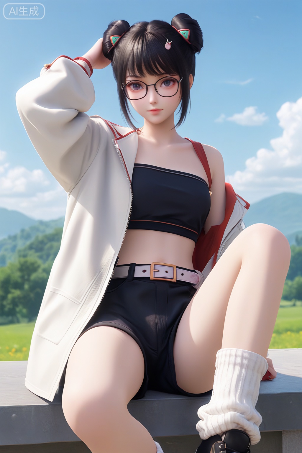 masterpiece,best quality,official art,extremely detailed CG unity 8k wallpaper,1girl,solo,looking at viewer,short hair,bangs,skirt,black hair,navel,jewelry,white coat,open coat,glasses,shorts,midriff,belt,black skirt,hair bun,open clothes,double bun,intimate atmosphere,intimate atmosphere,intimate atmosphere,sitting,outdoors,day,sky,black tube top,arm up,wrist,loose socks,black baggy shorts,black footwear,shoes