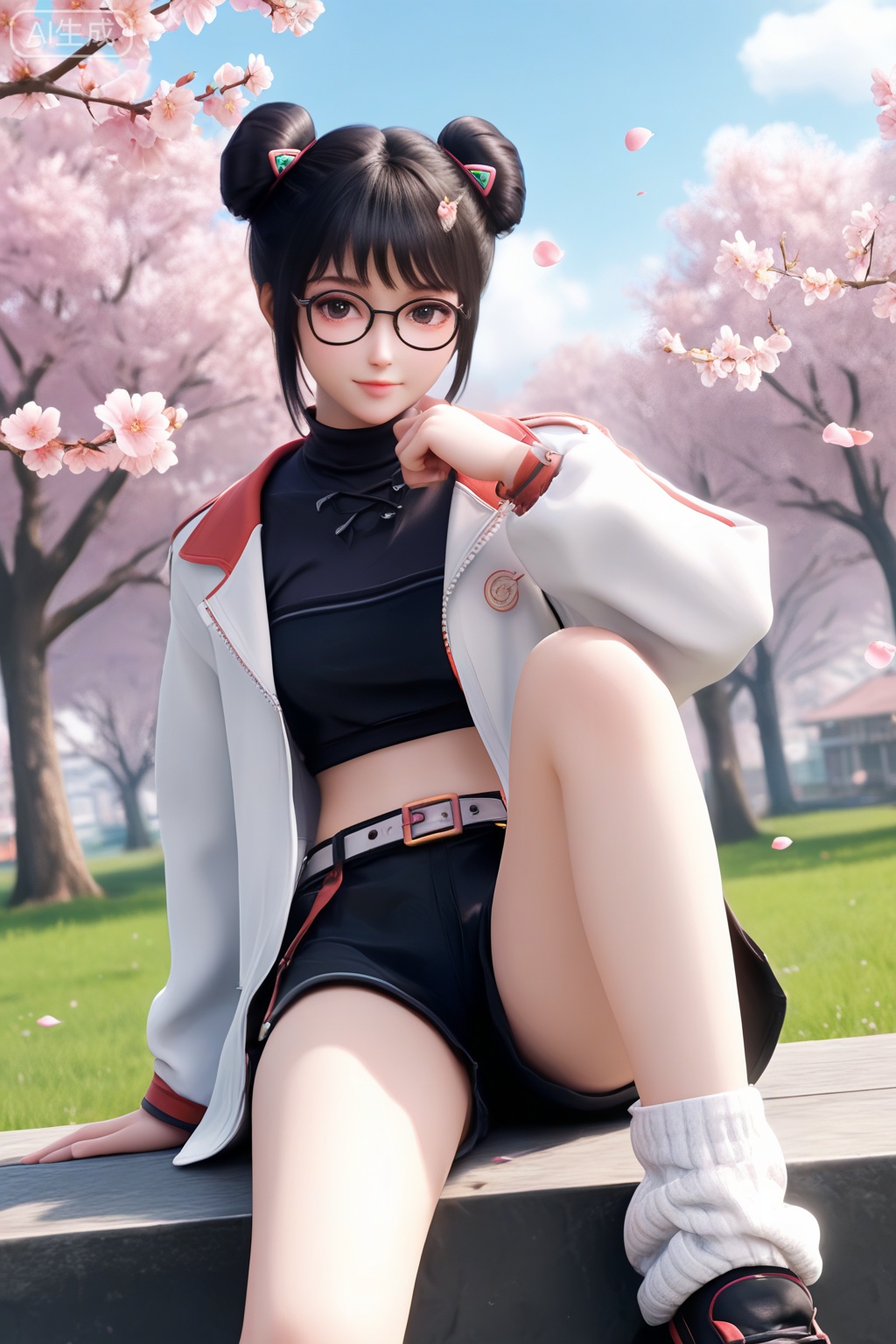 masterpiece,best quality,official art,extremely detailed CG unity 8k wallpaper,1girl,solo,looking at viewer,short hair,bangs,skirt,black hair,navel,jewelry,white coat,open coat,glasses,shorts,midriff,belt,black skirt,hair bun,open clothes,double bun,sitting,outdoors,day,sky,black tube top,wrist,loose socks,black baggy shorts,black footwear,shoes,leg lift,happiness,full body,petals,Cherry Blossoms,3d,