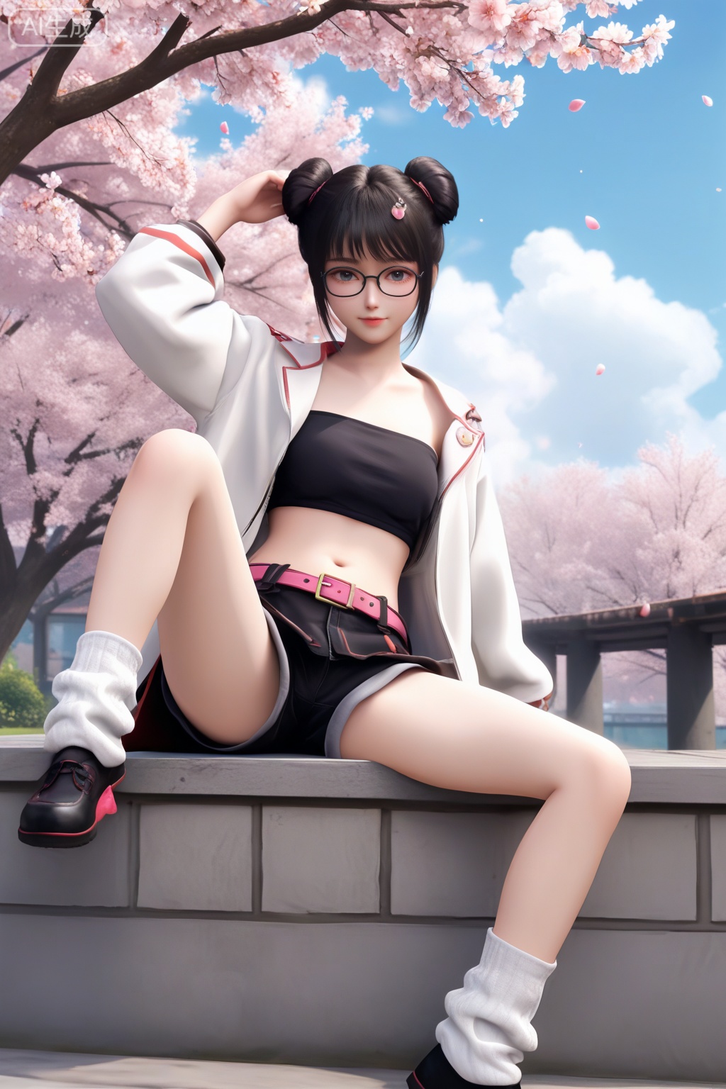 masterpiece,best quality,official art,extremely detailed CG unity 8k wallpaper,1girl,solo,looking at viewer,short hair,bangs,skirt,black hair,navel,jewelry,white coat,open coat,glasses,shorts,midriff,belt,black skirt,hair bun,open clothes,double bun,sitting,outdoors,day,sky,black tube top,wrist,loose socks,black baggy shorts,black footwear,shoes,leg lift,happiness,full body,petals,Cherry Blossoms,3d,
