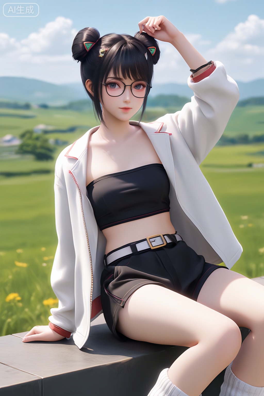 masterpiece,best quality,official art,extremely detailed CG unity 8k wallpaper,1girl,solo,looking at viewer,short hair,bangs,skirt,black hair,navel,jewelry,white coat,open coat,glasses,shorts,midriff,belt,black skirt,hair bun,open clothes,double bun,intimate atmosphere,intimate atmosphere,intimate atmosphere,sitting,outdoors,day,sky,black tube top,arm up,wrist,loose socks,black baggy shorts,black footwear,shoes,leg lift