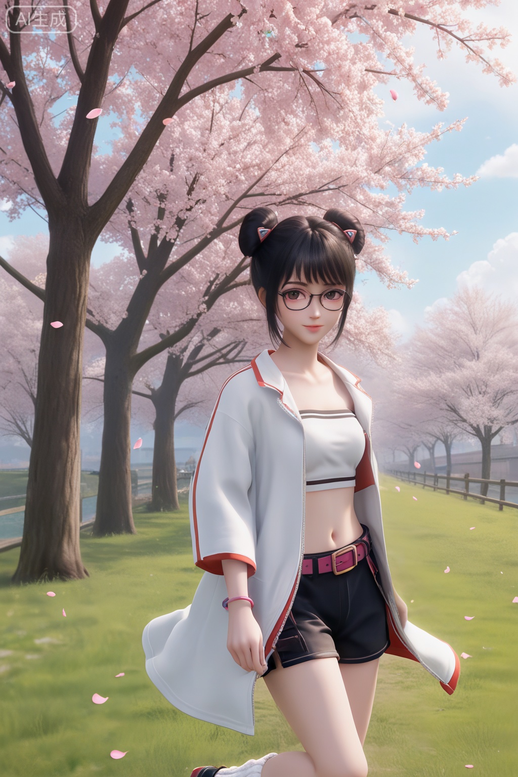 masterpiece,best quality,official art,extremely detailed CG unity 8k wallpaper,1girl,solo,looking at viewer,short hair,bangs,skirt,black hair,navel,jewelry,white coat,open coat,glasses,shorts,midriff,belt,black skirt,hair bun,open clothes,double bun,outdoors,day,sky,black tube top,wrist,loose socks,black baggy shorts,black footwear,shoes,leg lift,happiness,full body,petals,Cherry Blossoms,3d,