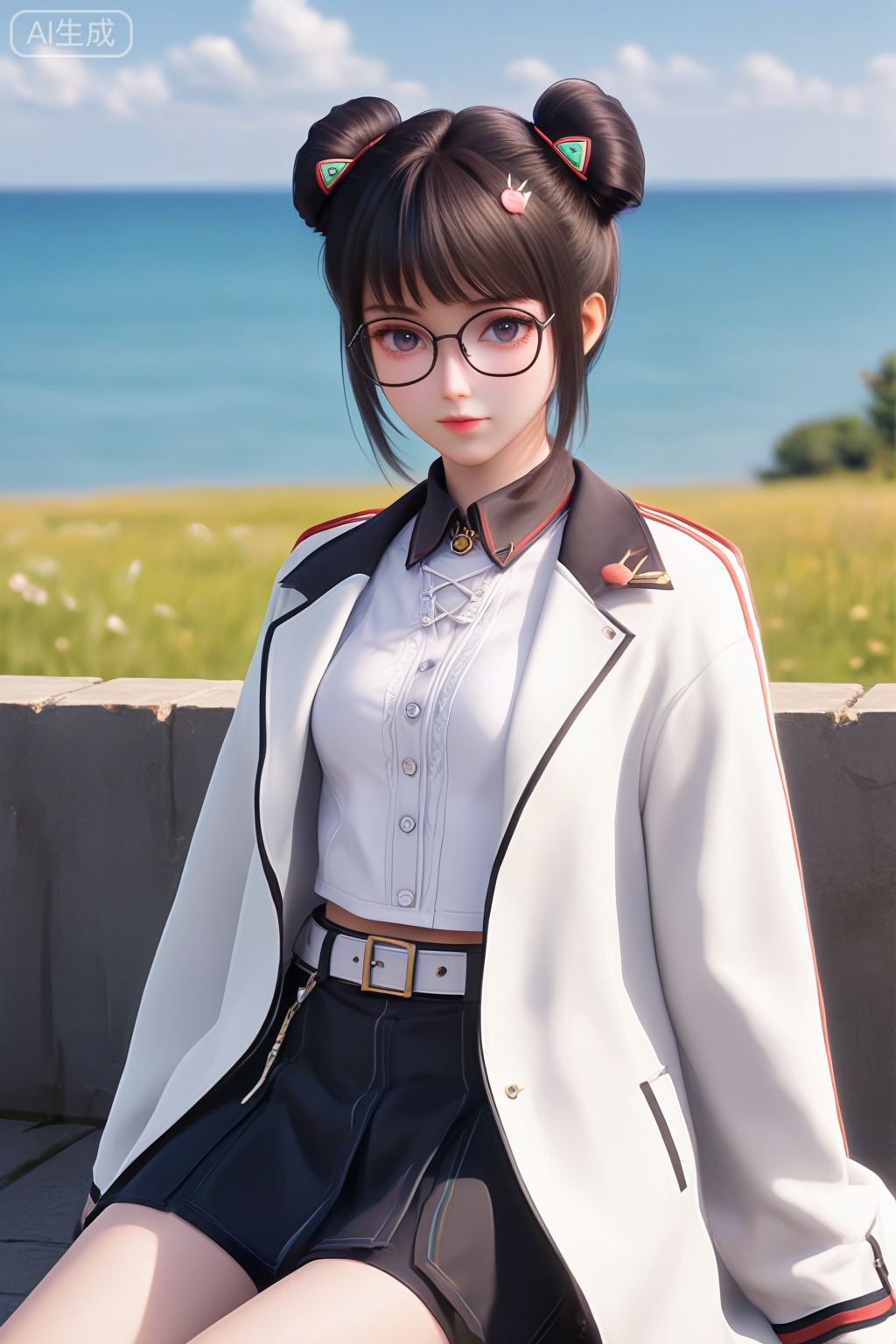 masterpiece,best quality,official art,extremely detailed CG unity 8k wallpaper,1girl,solo,looking at viewer,short hair,bangs,skirt,black hair,navel,jewelry,white coat,open coat,glasses,shorts,midriff,belt,black skirt,hair bun,open clothes,double bun,intimate atmosphere,intimate atmosphere,intimate atmosphere,sitting,outdoors,day,sky
