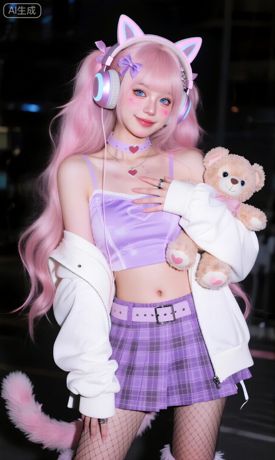 单人出镜的少女满是甜酷元气感。她有着一头及腰的粉色长发,发丝柔顺蓬松,前额留着整齐刘海,长发间系着一枚可爱的发蝴蝶结,头顶戴着猫耳造型的耳机,耳机的猫耳设计灵动逼真,透着软萌气息。她双眼是清澈的蓝色,正含笑望向镜头,脸颊泛着淡淡红晕,脖子上戴着细巧的项圈,项圈上或许还缀着小巧的爱心装饰,更显少女精致。

上身穿着一件紫色短款露腰上衣,衣摆利落收在腰线以上,露出平坦的小腹与清晰的肚脐,外面套着一件宽松的白色短外套,既中和了露腰装的性感,又添了几分随性；下半身搭配一条紫色格纹短裙,腰间系着一条细细的大腿带,腿上穿着通透的渔网袜,勾勒出腿部线条的同时更显甜酷风格。她一只手轻轻搭在自己胸前,指尖轻触衣料,另一只手或许抱着一只软乎乎的泰迪熊毛绒玩具,整体造型既有粉色、爱心、猫耳带来的甜美,又有渔网袜、短外套带来的酷感,动静之间满是少女的鲜活魅力。
