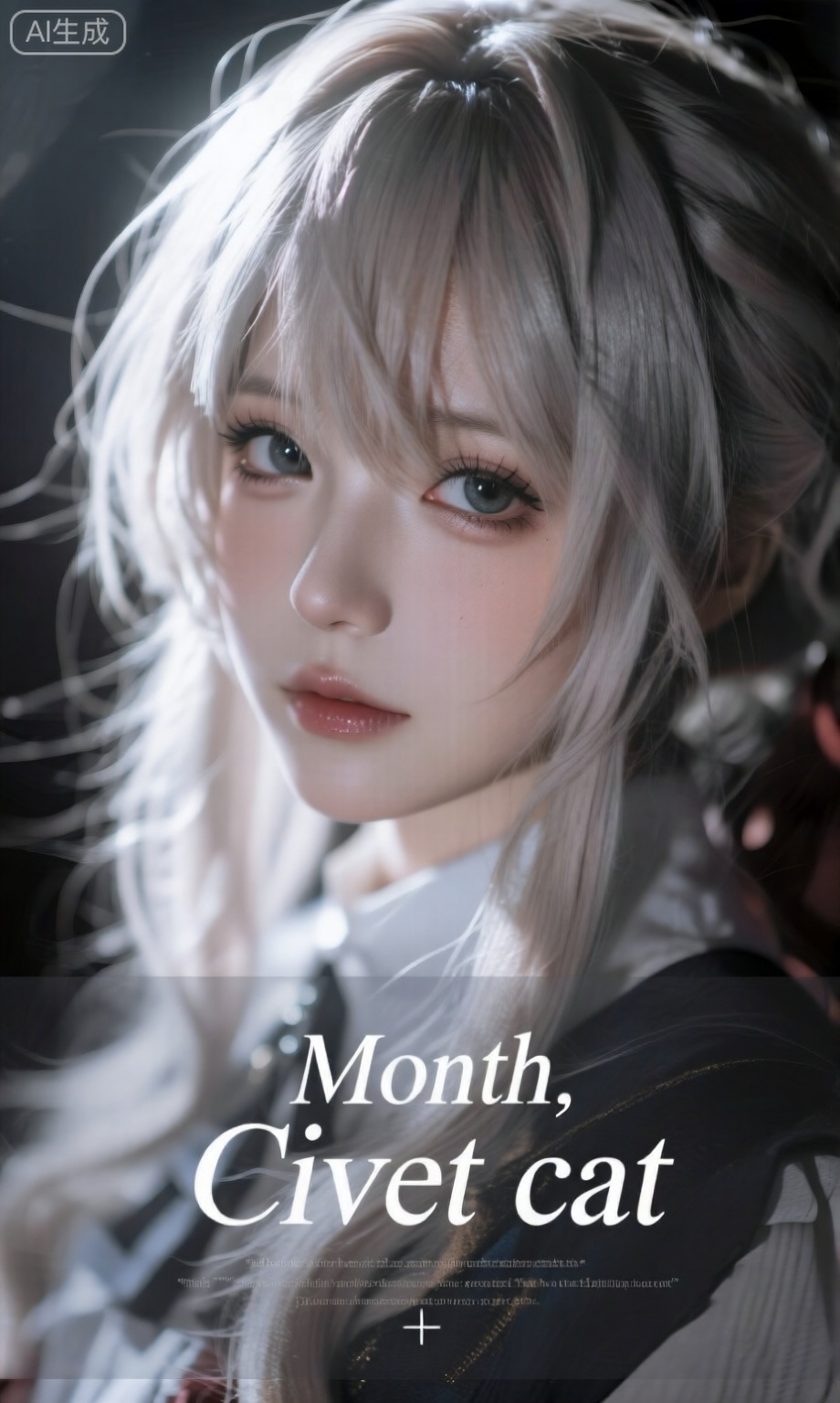 暗朦调,隐约的淡彩褪色,长发泛朦,对焦模糊,特写,一个灵动的薇尔莉特美女生模糊人像,凌乱美,高颜值,复古,迷离,低饱和,反射,质感,泛光模糊晕染,高噪点,胶片颗粒质感,极简风,灰度美学,写意,前卫视觉艺术美学,高级感,杰作,下方“Month, Civet cat”半透明文字排版+下方简约的细节英文信息点缀,字体小