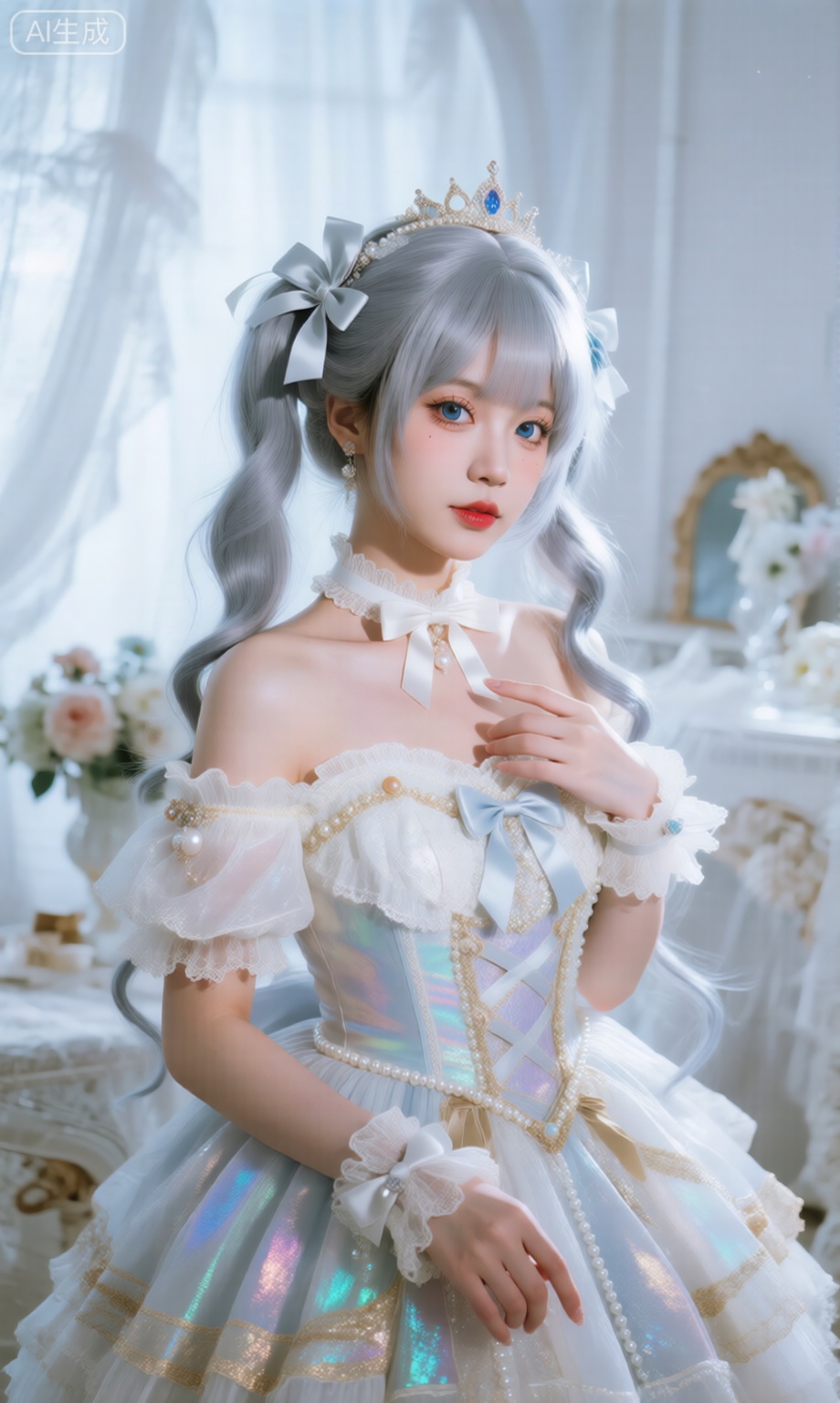 摩卡少女樱真人拍摄,超现实主义写真摄影, 在梦幻的白色系室内场景中,以柔和且清冷的光线进行中景拍摄,呈现一位亚洲女性的洛丽塔风格造型,画质达16K超高清。 人物妆容精致,眼妆突出蓝色眼眸的清澈,搭配红唇,尽显优雅神秘。一头浅灰色长发精心打理,扎成造型独特的双马尾,发间装饰着精致的发饰、蝴蝶结与小皇冠,华丽又不失可爱。身着华丽珍珠七彩鎏金洛丽塔裙,设计精巧,蓬松的露肩衣袖、收腰的裙摆,材质轻盈且带有光泽感,仿佛冰雪雕琢而成。脖颈间系着白色丝带,增添甜美细节,手腕也有同色系装饰。 她姿态优雅,双手做出轻柔动作,眼神宁静且略带温柔,传递出清冷又甜美的情绪。背景是梦幻的白色纱幔、精致的家具与花卉,营造出如童话般的氛围。专业拍摄精准捕捉服饰的质感、细节,以及人物独特的神态气质,凸显洛丽塔风格的优雅与神秘魅力。