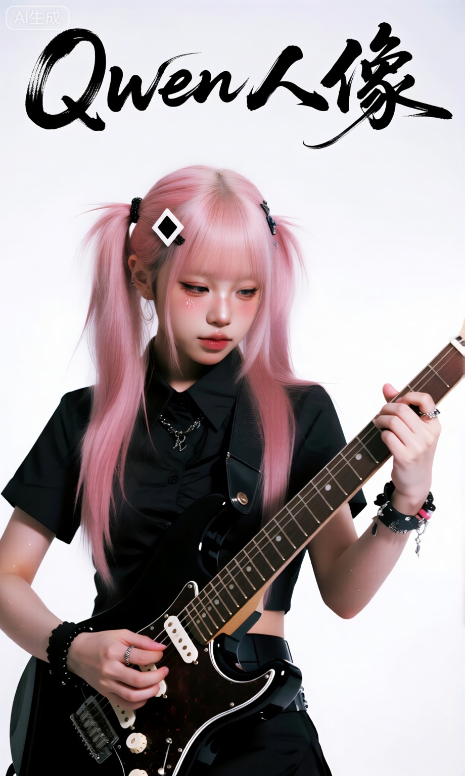 白色背景前,单人出镜的少女正弹奏电吉他,画面满是时尚摄影质感。她有着粉色长发,留着整齐刘海,长发扎成对称双马尾,发间别着方块发饰与发圈,脖颈泛着薄红。
她穿黑色短袖衬衫,手臂戴着手链,额头渗着细汗,双手握着电吉他,专注投入演奏,仿佛伴着音乐律动,色彩丰富,32K 超高清画质下焦点锐利,兼具高端质感与情绪张力。
动态构图带来强烈视觉冲击,宛如专辑封面或杂志伪封面,温和氛围中透着潮流感,尽显最佳审美与艺术表现力。上方留白处用飘逸潇洒的毛笔字体写着“Qwen人像”