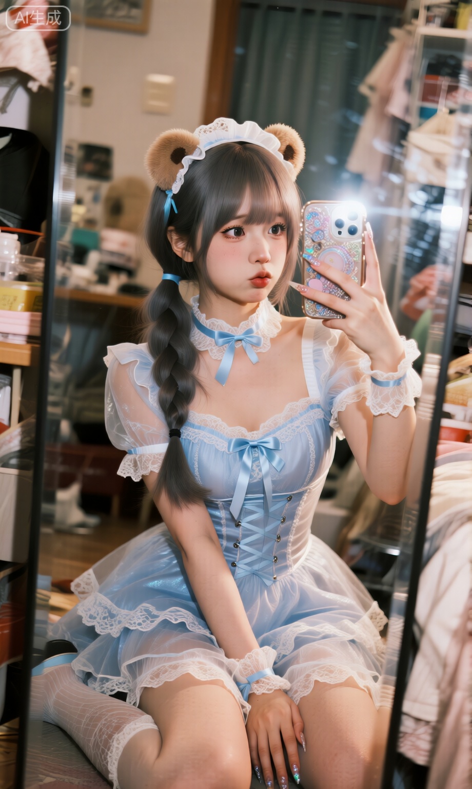 生活写真风格,略显拥挤的房间内,落地镜旁坐着一位深灰棕马尾辫空气刘海高衩束腰的美少女,头戴熊耳发饰,身着群青蕾丝紧身cos风格女仆装,空身呈现,衣服轻薄蝉丝质感和清晰层次突出,有丝带束缚,长美甲在闪光灯下亮眼,正手持湛佳琳繁复手机壳对镜自拍,表情紧张抿嘴嘟咪、假装可爱,画面因快门速度不足产生运动模糊,构图随意却尽显生活中的绚丽日常。风格为写实风,数码摄影,光影柔和,暖色调为主,突出服装的质感和人物的可爱。构图上,人物位于画面中心,周围是略显拥挤的房间和落地镜,增强画面的生活氛围