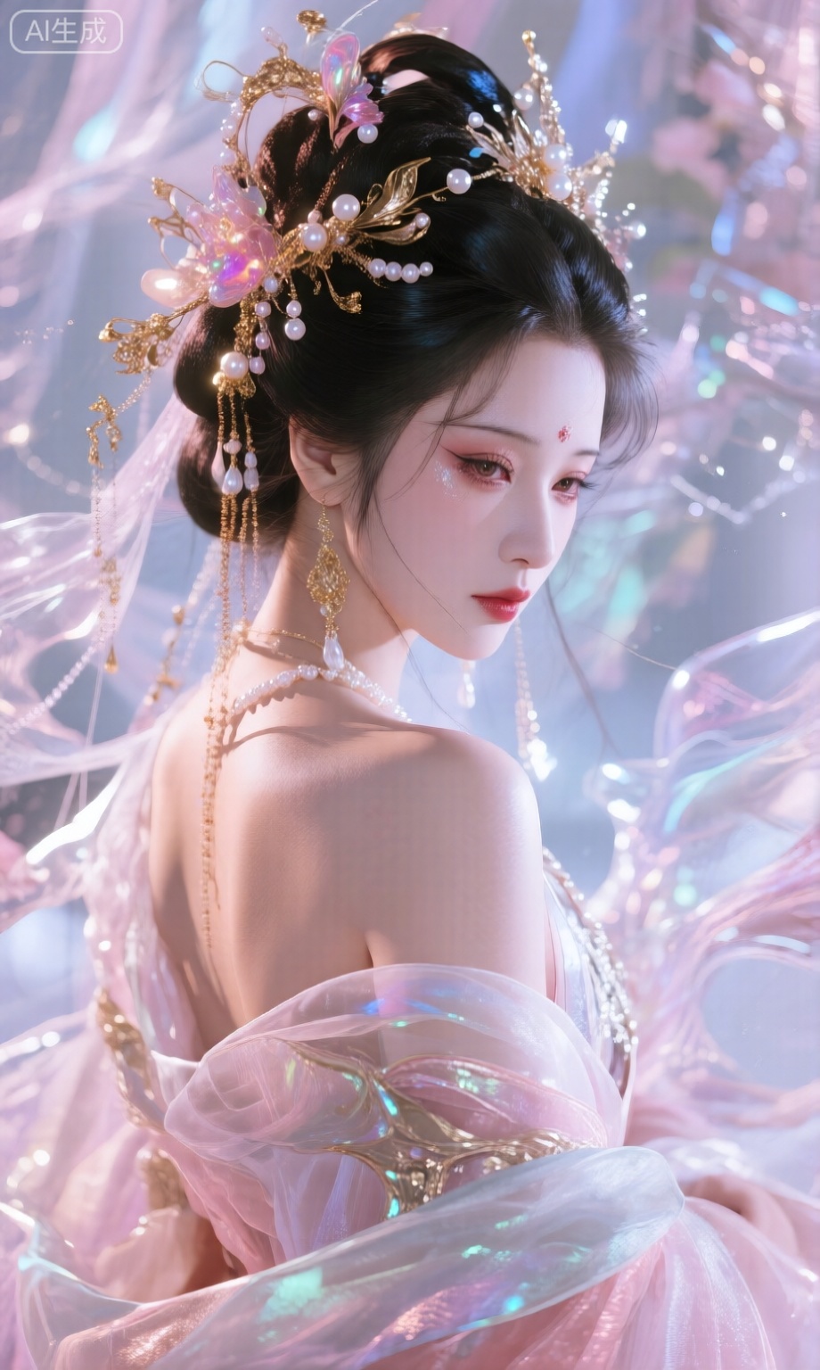 极致超清,极致细节,虚拟引擎背景透明,柔焦,华丽光影淡粉色调,仙气飘飘,很漂亮的媚女人,珠光,反光,发亮发光,色彩鲜艳,鲜明,对比强烈,高饱和度,,梦核,唯美,细腻,杂乱,艺术,复古色调,戏服,景深,精致,杰作,极致细节,金银珠钗,画面复杂,具有特色,创意,创新,板绘厚涂,高傲,冷色调,露出后肩膀,柔和灯光,超清画质,面容精致,眼睛细化,特写镜头,流体艺术,高细节,仙气,纱制衣服。朦胧破碎,忧伤