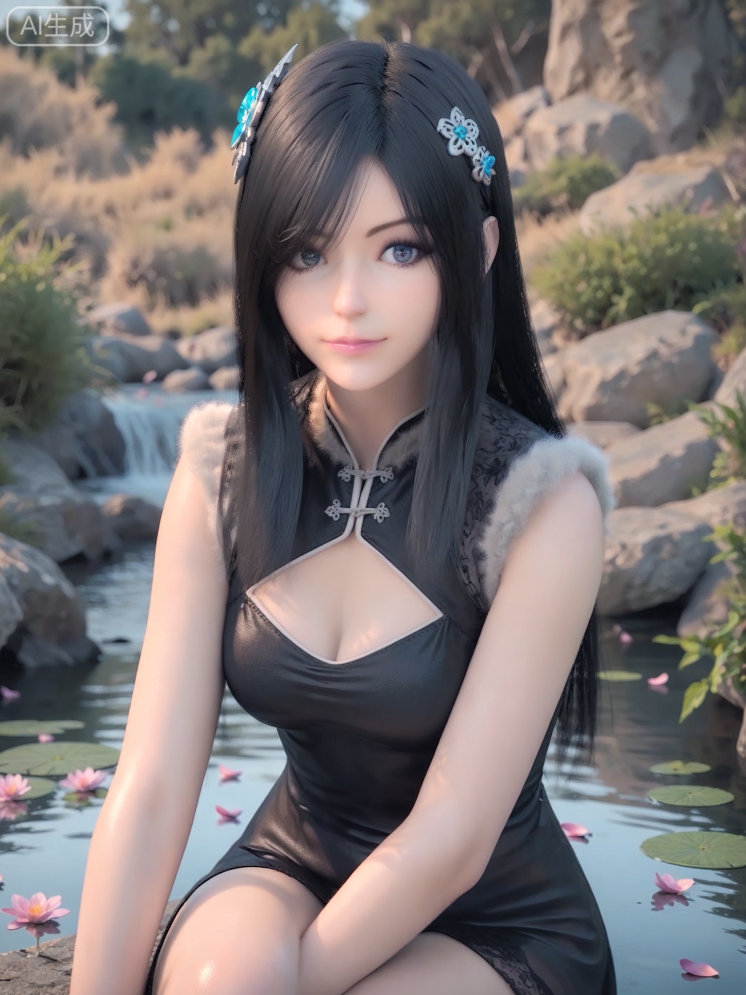 score_9,score_8_up,score_7_up,realistic,photorealistic,1girl,solo,looking_at_viewer,realistic,1girl,Vivid Colors,bright environment,delicate water,hair_ornament,shiny skin,shiny hair,reflection,flower sea,falling petals,extreme detail description,(full body:0.5),black hair,(skindentation:1.3),bright,sunshine on face,light,sitting_down,reflection,leg slimming,lose weight,slim hips,hair ornament,make up,Big eyes,