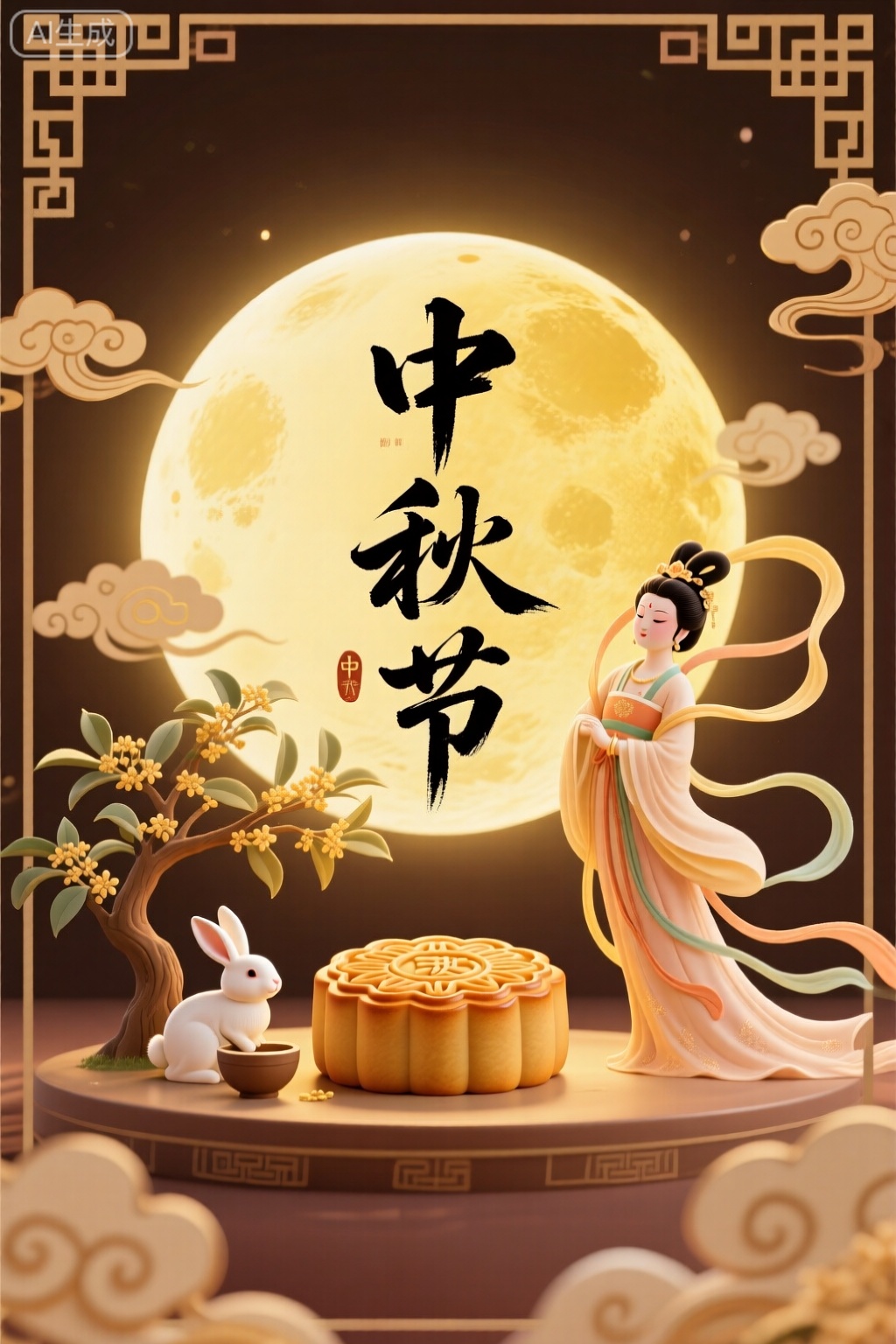 4k,中秋海报,
竖版海报以传统中式风格呈现,中间用大气的毛笔字书写“中秋节”。一轮金黄满月挂在天空,玉兔在月桂树下捣药,嫦娥仙子身姿曼妙,衣袂飘飘,环绕在月亮旁。画面四周装饰着中式云纹,洋溢着浓浓的中秋氛围。 