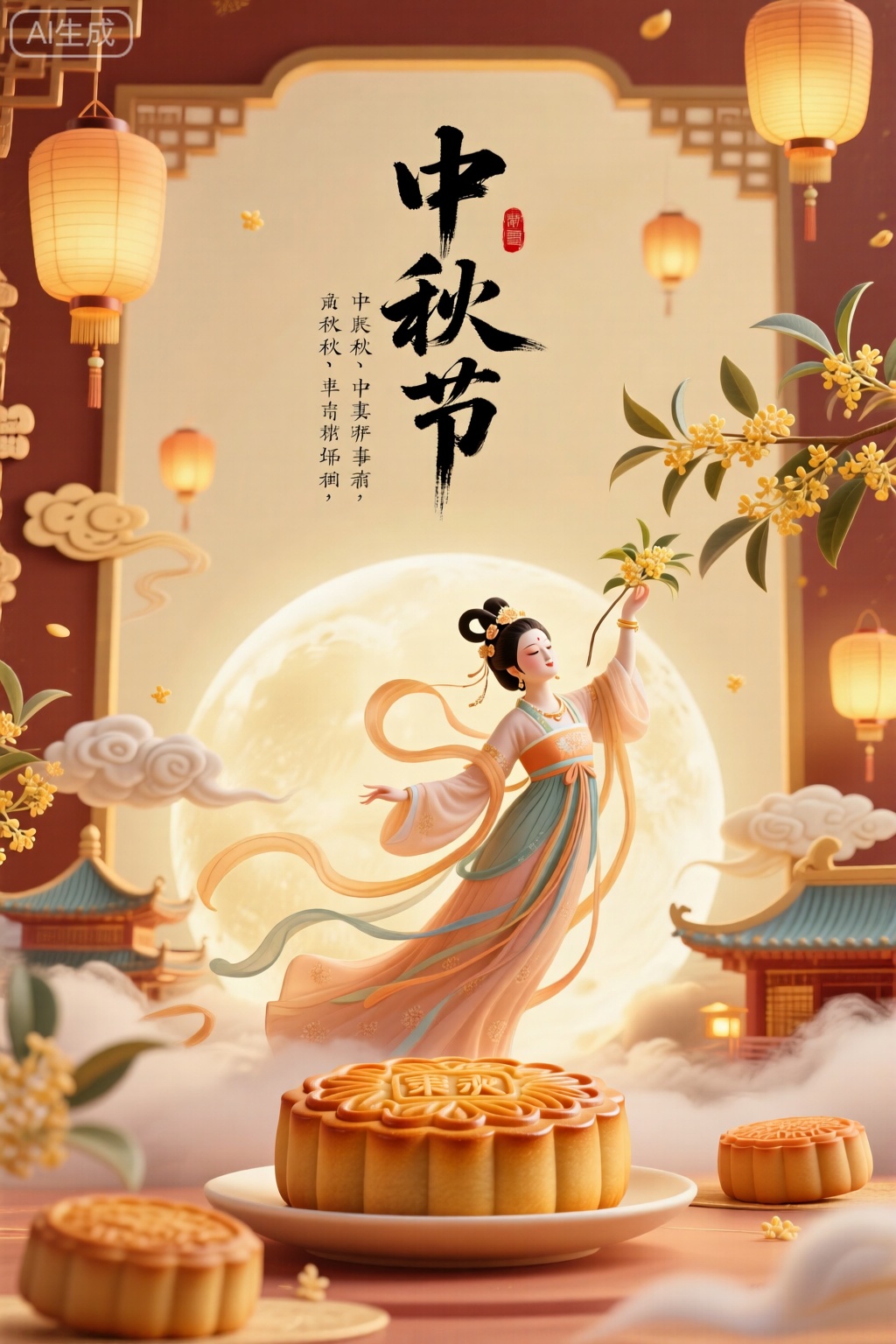 4k,中秋海报,画面为竖版布局,契合中秋节氛围。画面中心是用毛笔撰写的古雅中秋诗词,笔锋刚劲又不失飘逸。嫦娥身着传统汉服,身姿曼妙,手持桂花,在云雾缭绕的月宫中翩翩起舞。周围点缀着象征团圆的月饼、灯笼等元素,尽显中秋佳节的喜庆与祥和。 