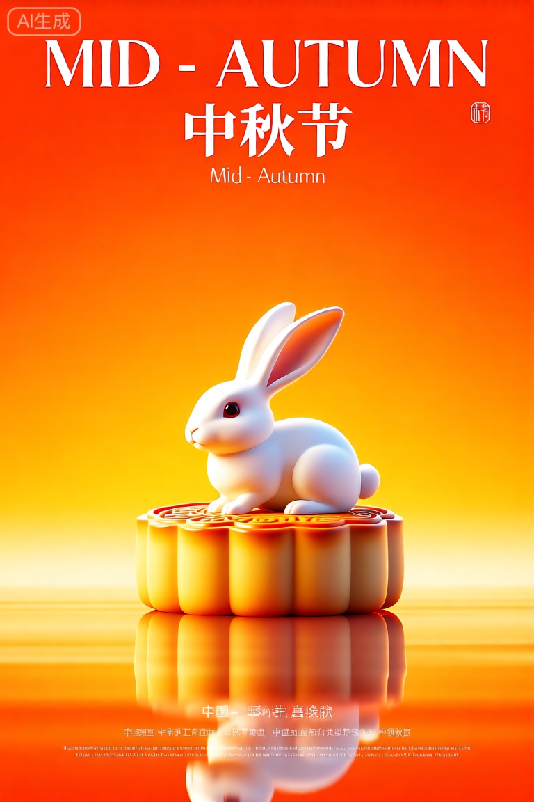 4k,中秋海报,
画面中一只风格化的白兔端坐在反光表面,周围环绕着暖调的黄橙色渐变。上方用粗体大写英文“MID - AUTUMN”醒目展示,其下是中文“中秋节”,再下方是小号英文“Mid - Autumn”。底部有中英双语关于中秋节的文案,整体氛围温馨且具节日气息。 