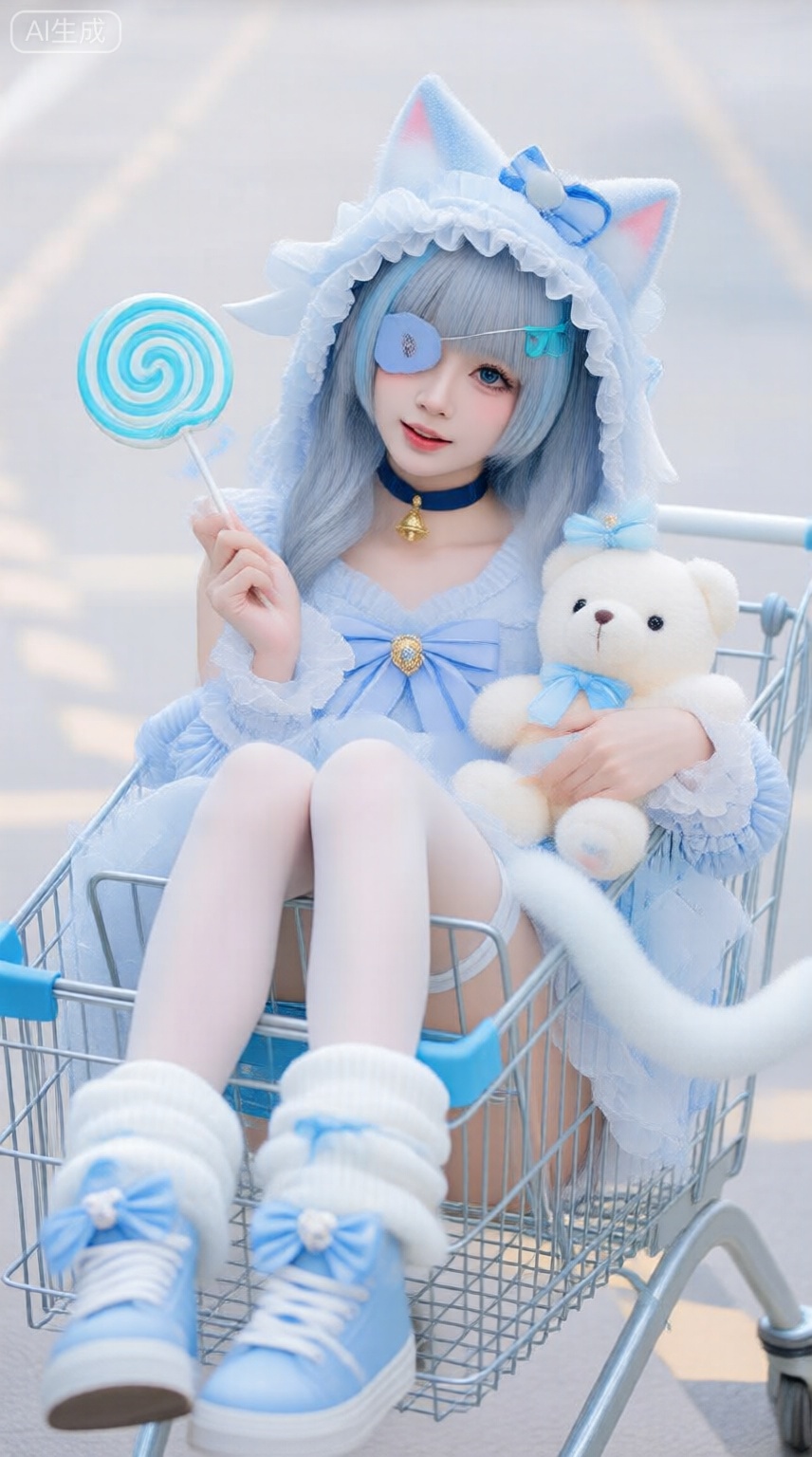 1girl,shopping cart,stuffed toy,candy,wing hair ornament,stuffed animal,lollipop,thighhighs,food,blue eyes,holding,holding stuffed toy,white thighhighs,holding lollipop,solo,blue hair,holding food,bell,animal ears,holding candy,looking at viewer,eyepatch,hair ornament,cat ears,neck bell,stuffed cat,dress,long sleeves,frills,blush,bow,swirl lollipop,bowtie,shoes,loose socks,long hair,cat tail,tail,hair between eyes,hairclip,:3,jingle bell,blue footwear,closed mouth,blue dress,smile,teddy bear,blue bow,heart,sneakers,blue theme,x hair ornament,fish hair ornament,fake animal ears,leg warmers,sleeves past wrists,blue bowtie,hood,box,pastel colors,sitting,cat hood,frilled dress,double-parted bangs,  