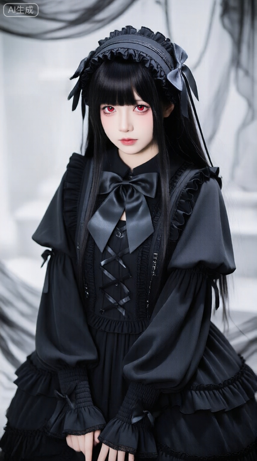  1girl, gothic lolita, lolita fashion, solo, long hair, black hair, dress, black bow, looking at viewer, red eyes, hair between eyes, hairband, bow, long sleeves, black dress, lolita hairband, frills, floating hair, very long hair, hair bow, closed mouth, puffy sleeves, black bowtie, frilled dress, juliet sleeves, sleeves past wrists, bowtie, cowboy shot, frilled hairband, wide sleeves, expressionless, frilled sleeves, blurry, standing, layered sleeves, pale skin, skull, goth fashion 