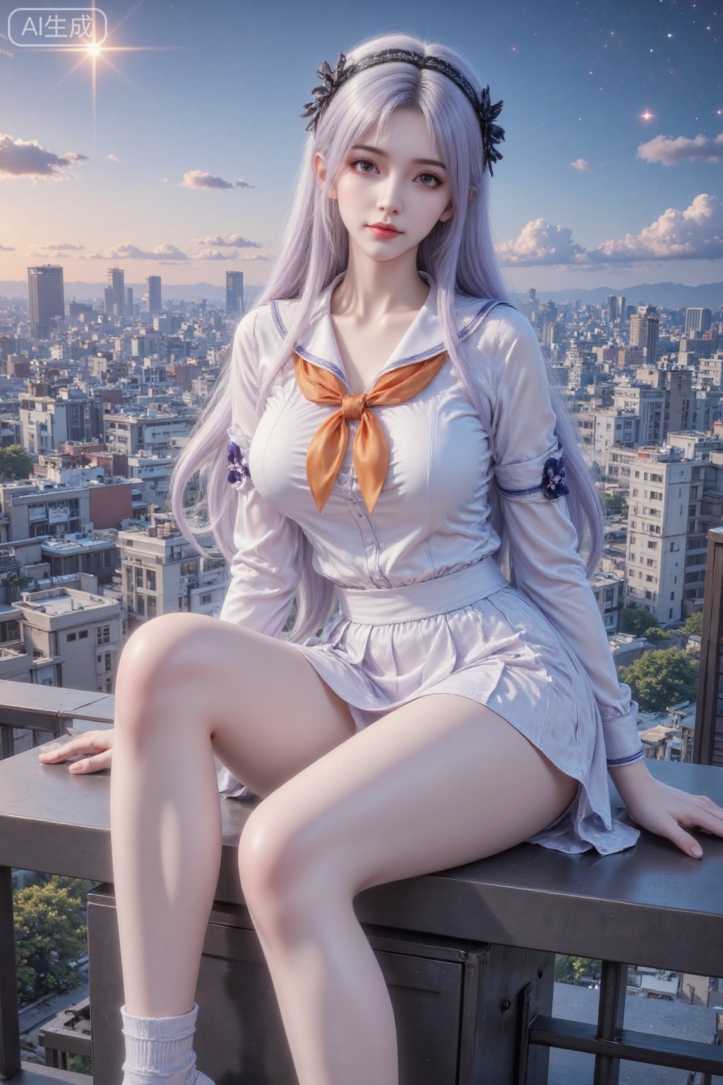Masterpiece, the best quality, high quality, (colorful) , huge breasts,,(white hair:1.4),(long legs:1.3),,score_9,score_8_up,score_7_up,score_6_up,score_5_up,score_4_up,source_anime,source_cartoon,,firefly \(honkai: star rail\),1girl,solo,skirt,hairband,long hair,black hairband,looking at viewer,sitting,hair intakes,pleated skirt,school uniform,bow,sky,shirt,long sleeves,orange neckerchief,socks,closed mouth,cityscape,white shirt,serafuku,sidelocks,city,multicolored eyes,sailor collar,miniskirt,star \(sky\),neckerchief,skyline,knees up,white socks,building,from above,looking up,