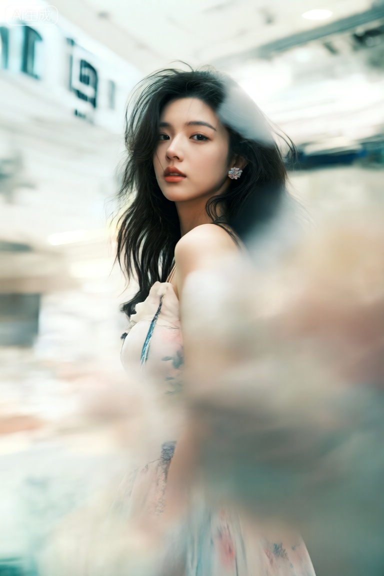 低角度垂直仰拍,怼脸拍,隐隐约约的模糊丰盈绝色女孩,美女,长发,发丝蓬松,长卷发,碎花耳钉,浅色连衣裙,看向镜头,高冷的表情,丧感,头发凌乱而突出垂向镜头,处于全局朦胧模糊的环境中,呈现动态模糊、边沿模糊效果,淡彩白调、白光氛围,有多重曝光、失焦感觉,采用超广角、强透视、景深拍摄,有高噪点、强烈的胶片颗粒感,体现动态美学、弥散晕染、朦胧美学,构图夸张超现实,细节生动完美如杰作,HK