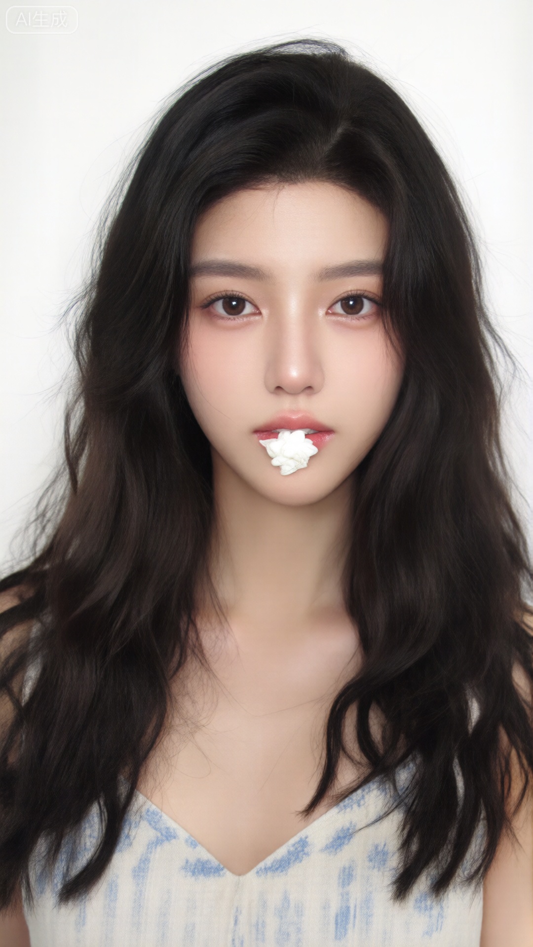 ZOZ_PLD,a photo-realistic portrait of a young woman with long,wavy black hair and brown eyes,captured from a portrait camera angle,the woman,who appears to be in her early twenties,has a neutral expression and is looking directly at the viewer,she is standing in the middle of the image,with her upper body visible to the camera,her hair is styled in loose waves and falls down her back,framing her face,she has a small,white flower-shaped object in her mouth,adding a touch of whimsy to the image,the background is a plain white,allowing the focus to be on the womans face and upper body,the lighting is soft and natural,highlighting her features and creating a serene atmosphere,the image has a high-quality,realistic style with a focus on texture and detail,making it a visually striking piece of art,