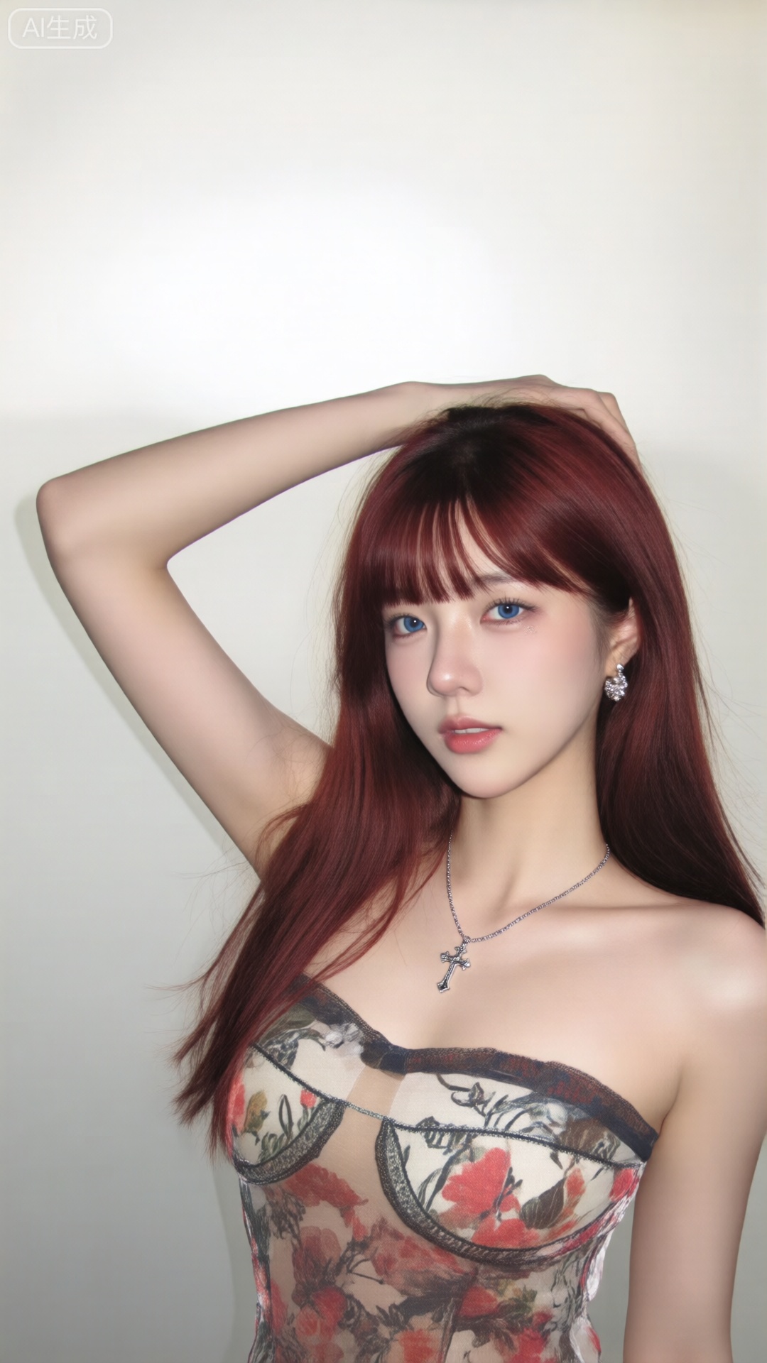 a photo-realistic shoot from a portrait camera angle about a young woman with long red hair and a stylish outfit,posing confidently against a plain light background,the image also shows a woman with fair skin,wearing a sheer top with a floral design,a silver necklace with a cross pendant,and earrings,on the middle of the image,a 20-year-old woman appears to be looking directly at the viewer with a neutral expression,she has long,straight,red hair with bangs and blue eyes,her hair is styled in a way that frames her face,and she is wearing a see-through top that reveals her bare shoulders,the woman is standing with one arm raised,and her hand is resting on her head,the lighting is soft and natural,casting gentle shadows on her face and body,