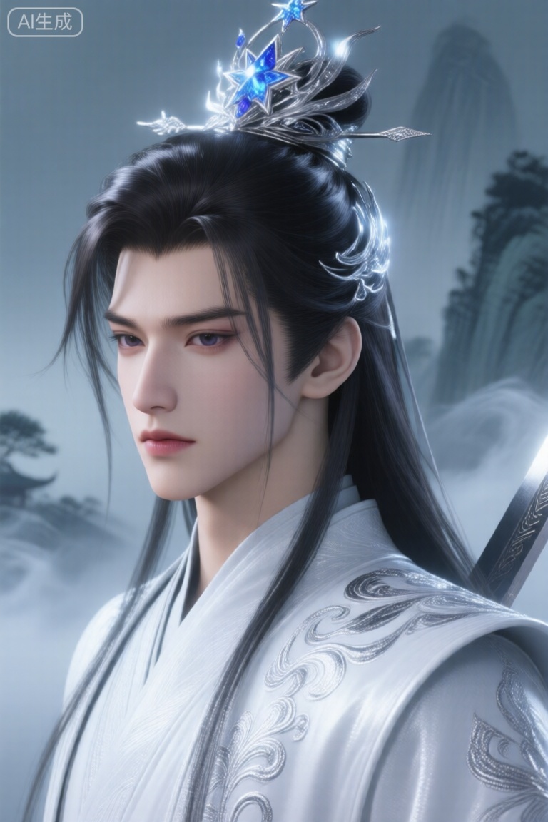 ,国风奇幻武侠, 古风绝世美男子,侧光。头戴星冠,镶天蓝水晶,描绘出水晶及星冠质感立体的五官,不要游戏人物风格头发描绘出细致的高光,光影的对比。国字脸型,剑眉,描绘细致,眼睛描绘出高光,眼影,挺直的鼻梁,描绘出高光,过渡色, 迷人的嘴唇,也需要描绘出高光,冷峻。 衣服是白丝绸,银刺绣暗纹。描绘出丝绸质感。背景是淡淡的国画背景,国风渲染气氛,淡淡烟雾。光影弥散,高清,OC渲染