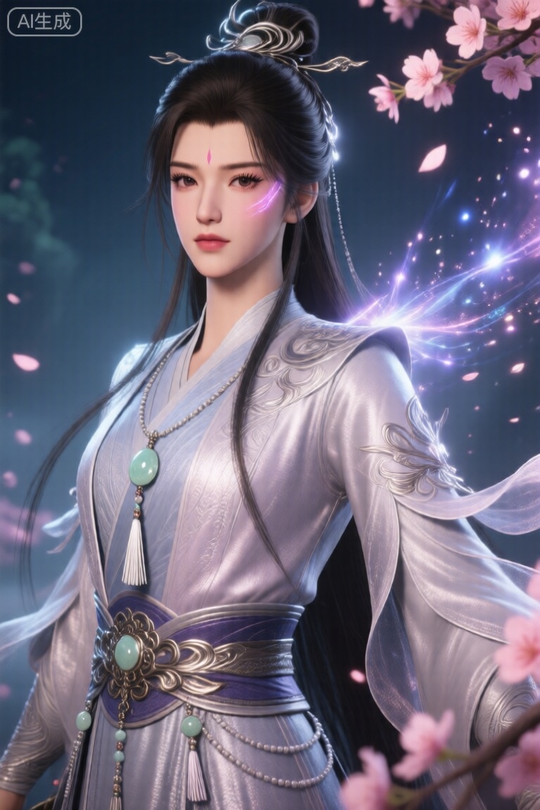,国风奇幻武侠, 仙侠古风游戏风格,2.5D动态渲染,古风唯美,超精细8K,Unreal Engine 5风格,CG风格,丽的古风服饰真丝材质物理演算的袖摆飘动,玉坠流苏碰撞的微小粒子反馈,害羞时睫毛轻颤+脸颊泛起灵力光晕。具有《凡人修仙传》的人物风格。桃花粒子投影。