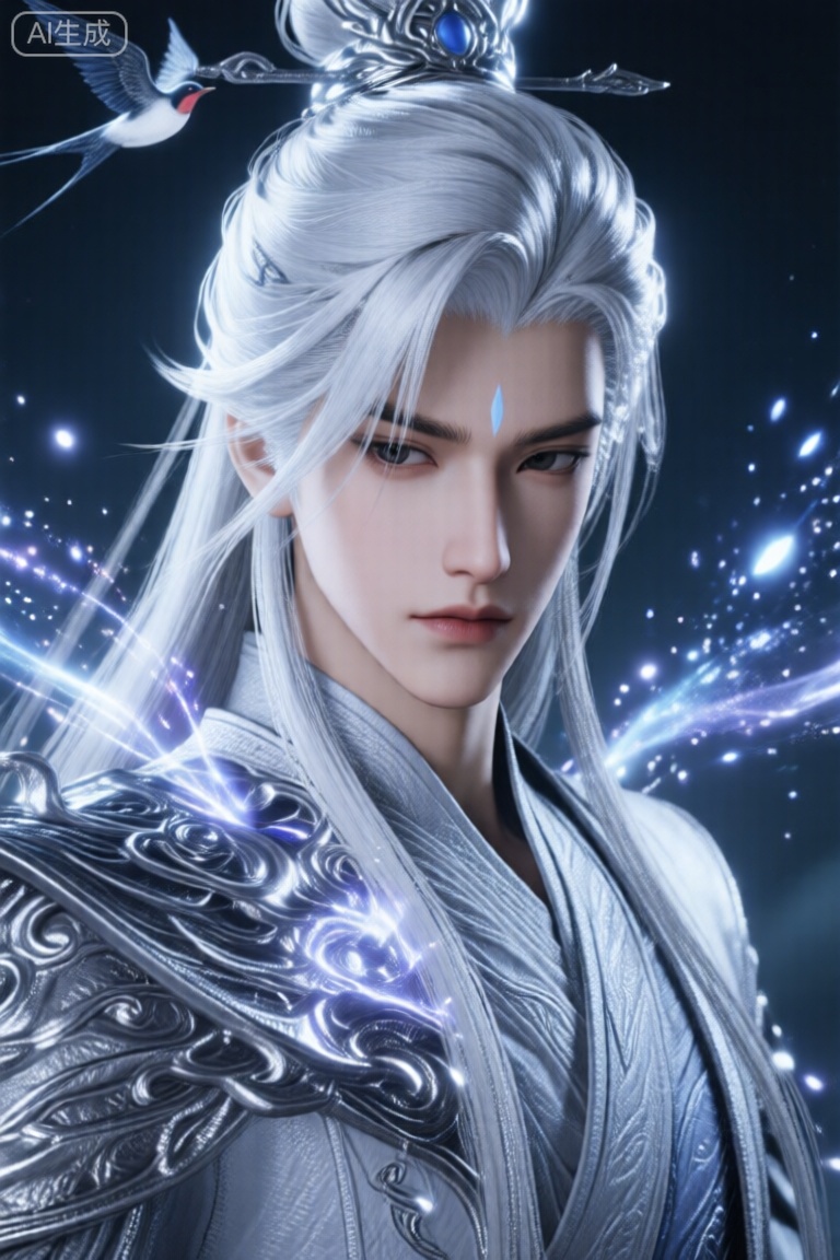 ,国风奇幻武侠,燕云十六声游戏中角色,oc渲染,人物特写,银色调,神秘,古风三维,魔幻,超高清画质,细节丰富,精致感强,粒子光效,