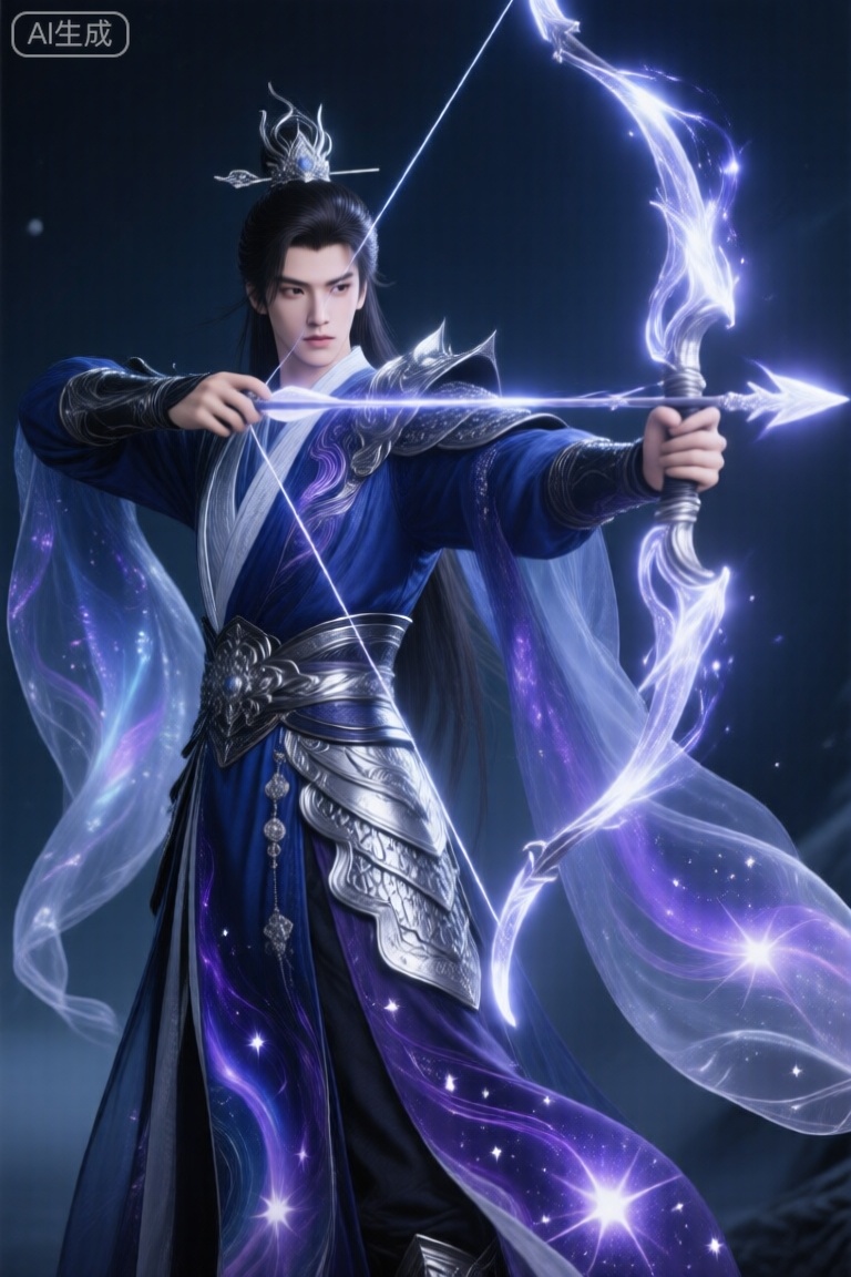 ,国风奇幻武侠,  服装：光滑、轻盈、带有飘逸、空灵元素的战士服装。 颜色：深蓝色、银色和深紫色,带有微妙变化的梦幻般的图案。 材料：轻型盔甲与流动的星体布混合。武器/工具：一把由光与影组成的弓