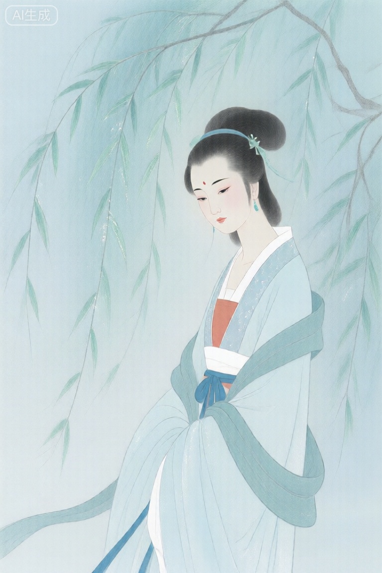 传统工笔,彩铅风格,极简构图,高级,创意,想象力,古典,故事性超现实主义,高级美感和模糊效果完美融合,胡也佛画风,精细工笔,精细流畅、柔韧有力、充满韵律感。衣纹勾勒,疏密有致,飘逸灵动。用色典雅,运用对比色,画面色彩冷色调,疏淡,光泽感极强,给人一丝梦幻的感觉。仕女体态削瘦柔美,肌肤润泽,充满生命感。人物的眼神和表情,带有一种慵懒、妩媚、略带忧伤的复杂情态,极具魅惑力,柳下仕女,柳叶以浅绿、青灰等色调渲染,闪亮因子构成,与人物服饰或背景的浓淡对比相协调,整体色调清丽。以流畅而富有弹性的线条勾勒柳枝,细密而柔韧,充分展现柳树随风摇曳的动态感。