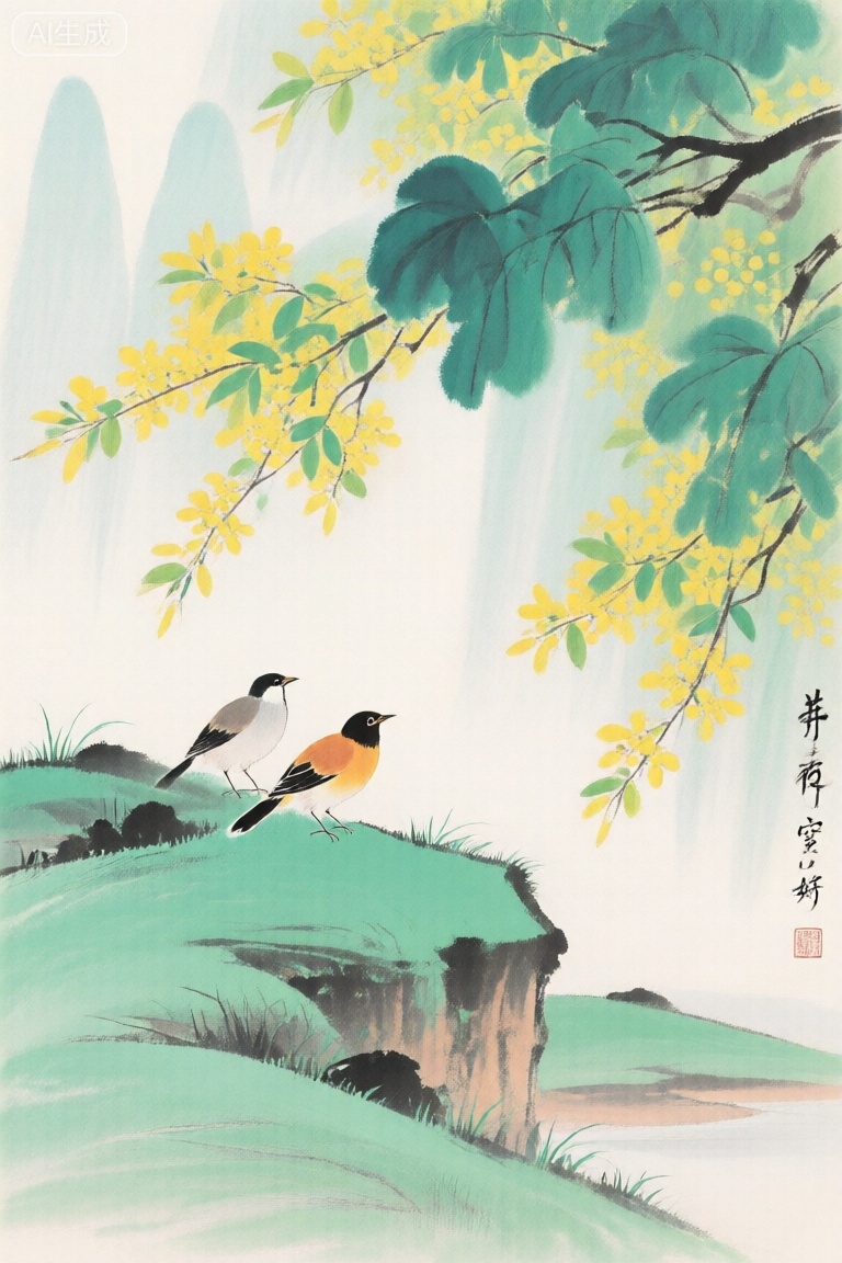 映階碧草自春色,隔葉黃鸝空好音国画,浓彩,强对比,大师作品,8K高清