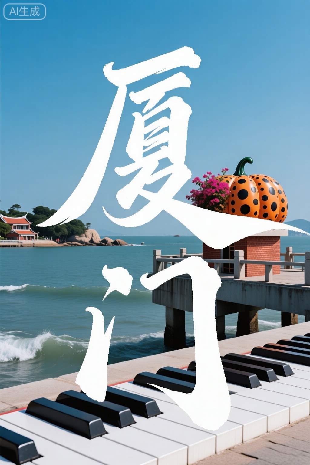 '厦门',形意字构图背景融合鼓浪屿钢琴码头的海浪琴键与闽南红砖厝的燕尾脊,结合Yayoi Kusama的南瓜装置与Tadao Ando的混凝土光影,字中嵌入三角梅的渐变花瓣。