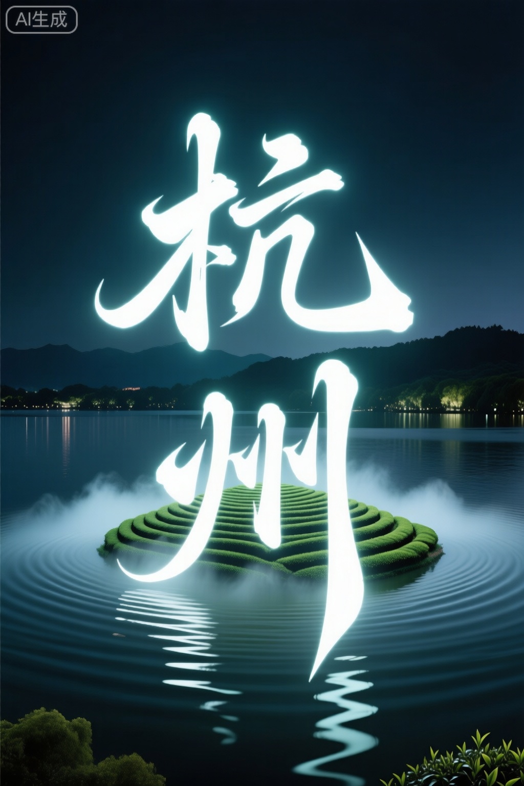 “杭州”形意字构图,以西湖涟漪的同心圆为基底,融入龙井茶田的梯田层次与丝绸织物的流动光泽,结合Jenny Holzer的LED文字投影与Olafur Eliasson的水雾装置,