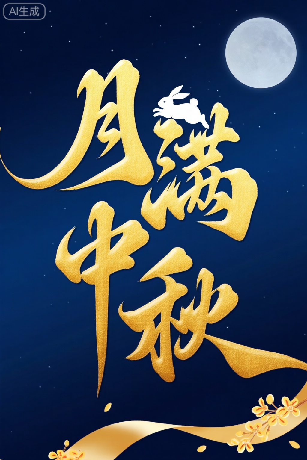 标题“月满中秋”采用立体浮雕工艺,文字表面覆盖鎏金质感,笔画间嵌入玉兔捣药剪影,背景为深蓝星空渐变,右上角悬浮半透明圆月,下方印有金色丝带,丝带边缘点缀桂花图案,