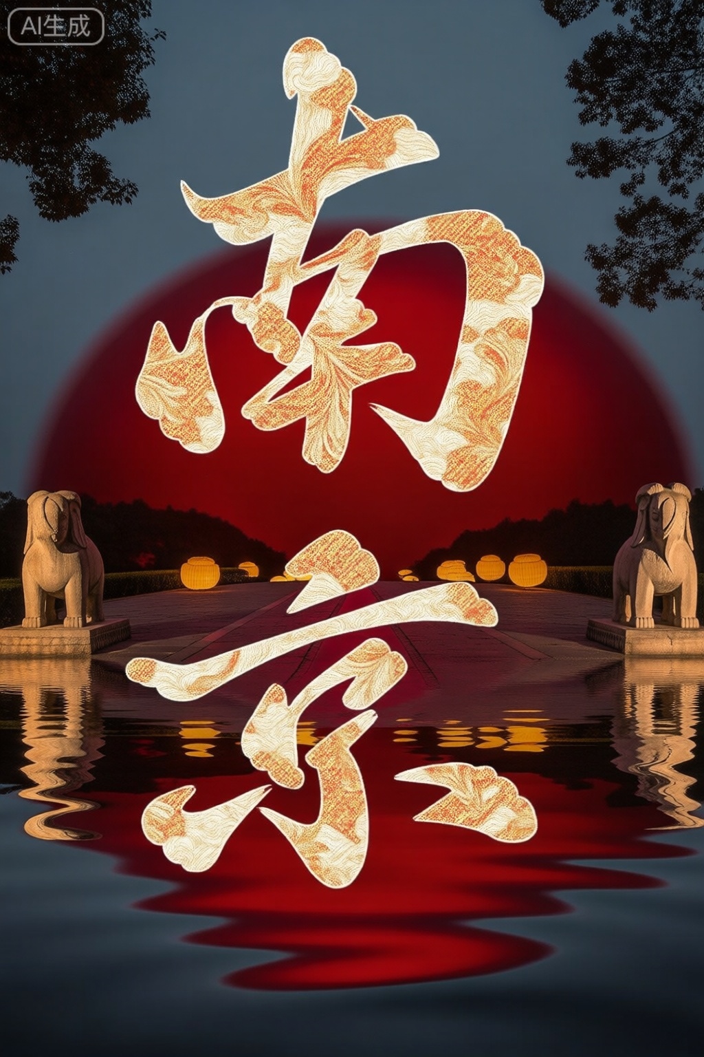 '南京',形意字构图,背景采用明孝陵石象路的石像生轮廓与秦淮河灯影的倒影波纹,结合Anish Kapoor的红色漩涡与Doug Aitken的镜面迷宫,字中嵌入云锦的金银线交织纹样。