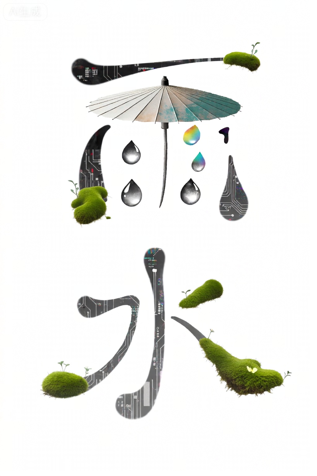 雨水形意字构图："雨"字四点底由悬浮的液态金属雨滴构成,"水"字笔画化作数据流冲刷出的河床纹路画面质量：8K赛博水墨/故障艺术粒子画面主体：油纸伞在字间旋转抛洒虹彩,青苔在笔画转折处生长出电路板纹艺术家风格：Takashi Murakami的超扁平+ Refik Anadol的AI数据雕塑