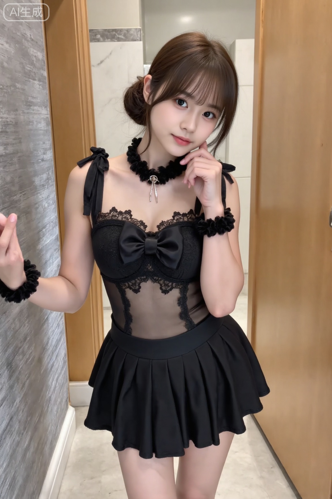 Character: A girl, single, belly button, chest hugging, messy hair, disheveled hair. Handheld smartphone, presenting a mirror selfie posture style: realistic style, wearing: - (black **** top with transparent splicing, decorated with lace and large bow), black top with transparent splicing design, lace edges, and eye-catching large butterfly bow on the chest, sexy yet exquisite. (Black pleated mini skirt with lace decoration and bow), the skirt is black with pleated design, lace edges, and bow on the side, which is consistent with the style of the top, showing a fusion of playfulness and sexiness. Posture: Standing sideways, one hand naturally supporting the cheek, fingertips lightly touching the chin, eyes slowly lifted from below the camera to look towards the camera, with a hint of delicate smile. Environment: Realistic style, realistic photography, highest image quality. The screen presents a selfie scene in the bathroom, with a light gray marble textured ceramic tile wall and wooden door frame as the background. It focuses on skin texture, clothing texture, and hair details, with natural lighting that simulates the bathroom environment. The image is clear and sharp, with realistic colors, presenting a cinematic quality of life scenes.