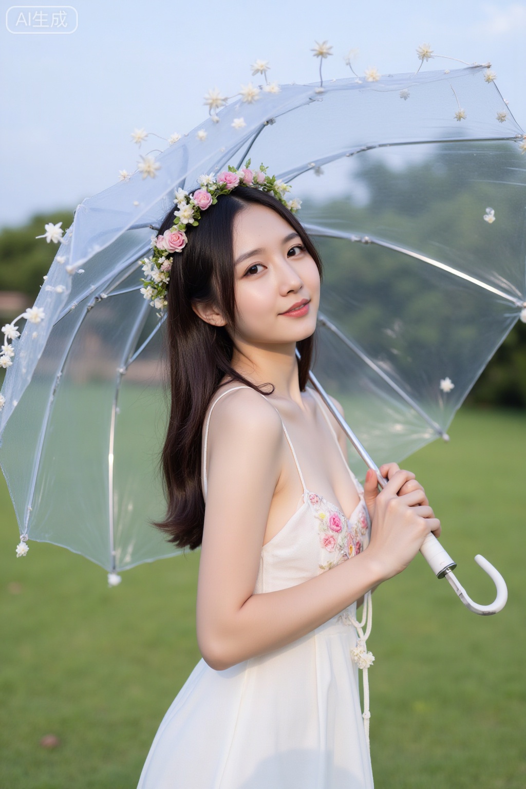 Super realistic photos, complex details, master composition, realistic photography style, 8k resolution, high definition, visual impact, depth of field,
1girl, solo, umbrella, dress, outdoors, long hair, white dress, flower, brown hair, grass, looking at viewer, day, head wreath, brown eyes, hair ornament, smile, strap slip, lips, hair flower, sky, holding