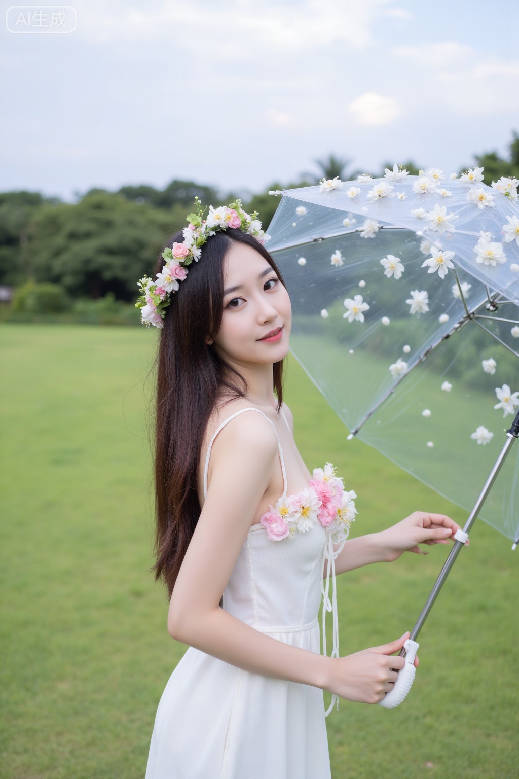 Super realistic photos, complex details, master composition, realistic photography style, 8k resolution, high definition, visual impact, depth of field,
1girl, solo, umbrella, dress, outdoors, long hair, white dress, flower, brown hair, grass, looking at viewer, day, head wreath, brown eyes, hair ornament, smile, strap slip, lips, hair flower, sky, holding