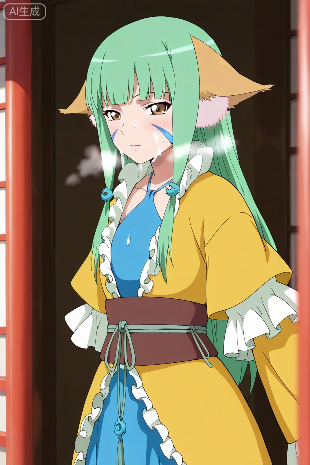 best quality,amazing quality,1girl, solo, brown eyes, green hair, facial mark, animal ears, yellow robe, frilled sleeves,  sash, blue dress,Fox ears,涂山容容,