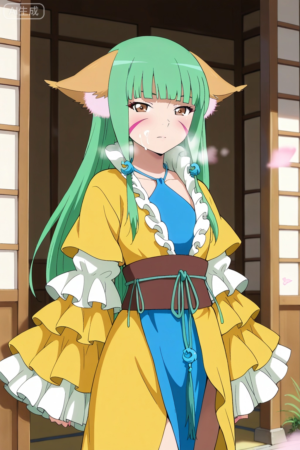 best quality,amazing quality,1girl, solo, brown eyes, green hair, facial mark, animal ears, yellow robe, frilled sleeves,  sash, blue dress,Fox ears,涂山容容,