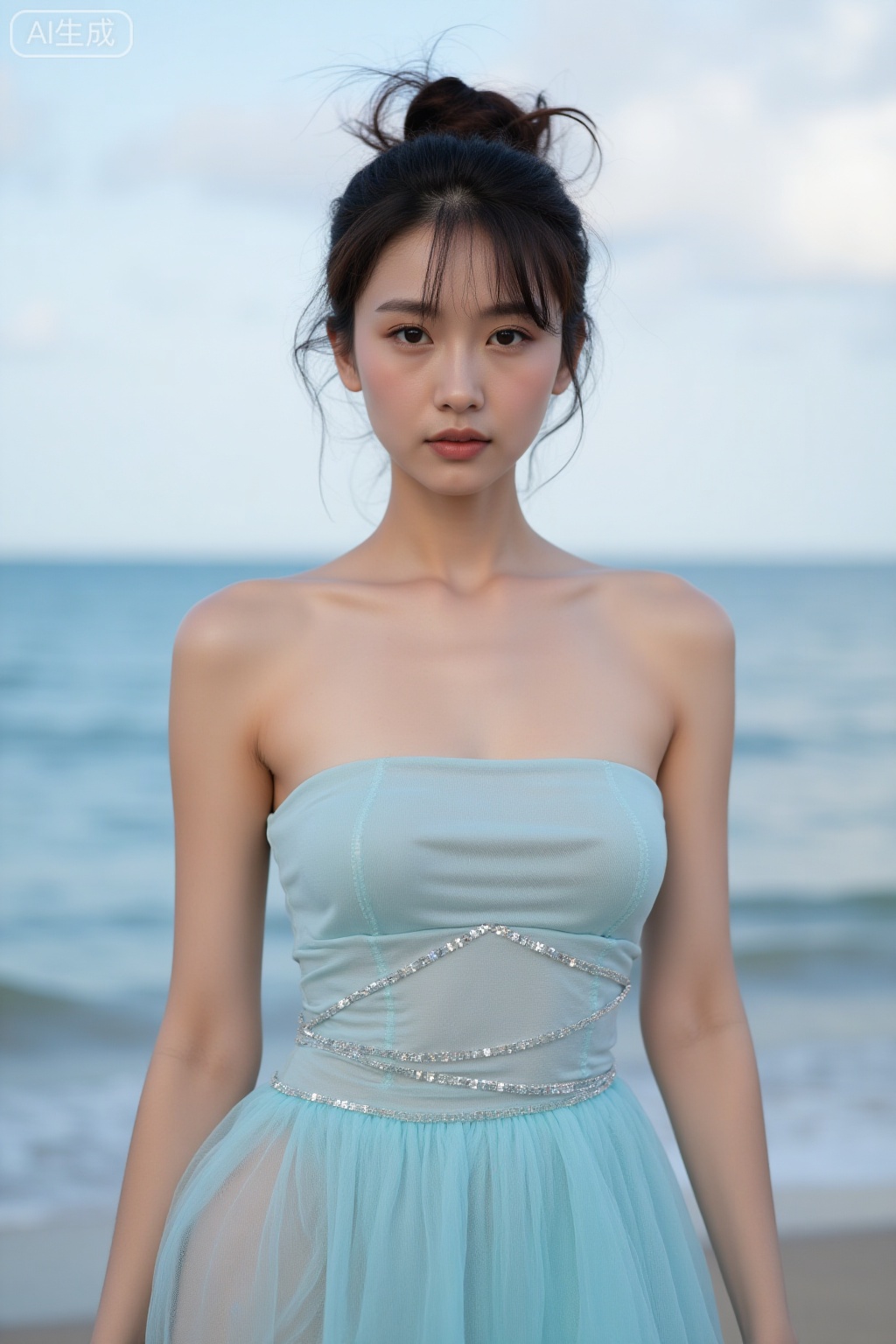 Super realistic photos, complex details, master composition, realistic photography style, 8k resolution, high definition, visual impact, depth of field,
The image shows a person wearing a strapless, light blue gown adorned with small, shiny embellishments. The gown is made of a sheer fabric, giving it a delicate and ethereal appearance. The person is standing by the ocean, with the water and sky visible in the background. The individual has a slightly tousled hairstyle, and their makeup is subtle yet elegant, complementing the overall sophisticated look.


