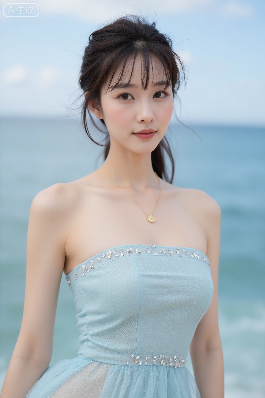 Super realistic photos, complex details, master composition, realistic photography style, 8k resolution, high definition, visual impact, depth of field,
The image shows a person wearing a strapless, light blue gown adorned with small, shiny embellishments. The gown is made of a sheer fabric, giving it a delicate and ethereal appearance. The person is standing by the ocean, with the water and sky visible in the background. The individual has a slightly tousled hairstyle, and their makeup is subtle yet elegant, complementing the overall sophisticated look.


