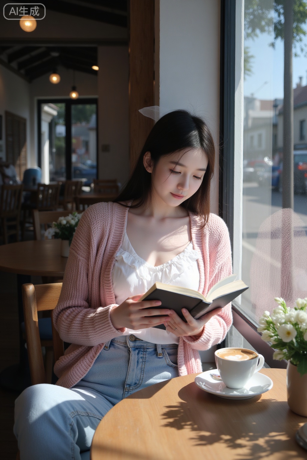 Super realistic photos, complex details, master composition, realistic photography style, 8k resolution, high definition, visual impact, depth of field,
In the cozy cafe, wooden tables and chairs are neatly arranged, and soft lights are sprinkled in every corner. A beautiful beauty sat by the window, and the sun shone on her body through the window. She was wearing a light pink knitted cardigan, a white chiffon shirt inside and a bow tied to the neckline. The lower body is paired with a pair of light blue jeans, which makes her legs look longer. The beauty was holding a hardcover book in her hand. She lowered her head slightly, read intently, with a faint smile on her face. There was a steaming cup of coffee on the table, and a bouquet of fresh flowers next to it. Outside the window is the bustling street, with people coming and going. The tones of the picture are warm and soft, mainly pink, blue and brown. The style is a literary and fresh photo, showing the tranquility and intellectuality of the beauty in the cafe.