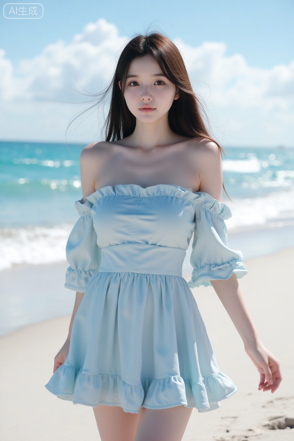 Super realistic photos, complex details, master composition, realistic photography style, 8k resolution, high definition, visual impact, depth of field,
In the sunny beach scene, a beautiful beauty stands on the delicate white sand, the sea breeze blows on her silky brown hair, and her hair dances lightly with the wind. She was wearing a light blue off-shoulder dress, the folds of her skirt drooped naturally and gently swung in the breeze. The beauty's skin exudes a healthy luster. On her delicate face, her bright big eyes flash with a lively light. Under her high nose bridge, her lips slightly raised, revealing a charming smile. The background is an endless blue sea, with waves gently patting the beach, and a few white clouds floating in the sky, and the sun shining on the sea surface, sparkling. The overall tone is mainly blue and gold, creating a fresh and romantic atmosphere. The picture style is high-definition realistic photography, showing the charming style of the beauty on the beach.