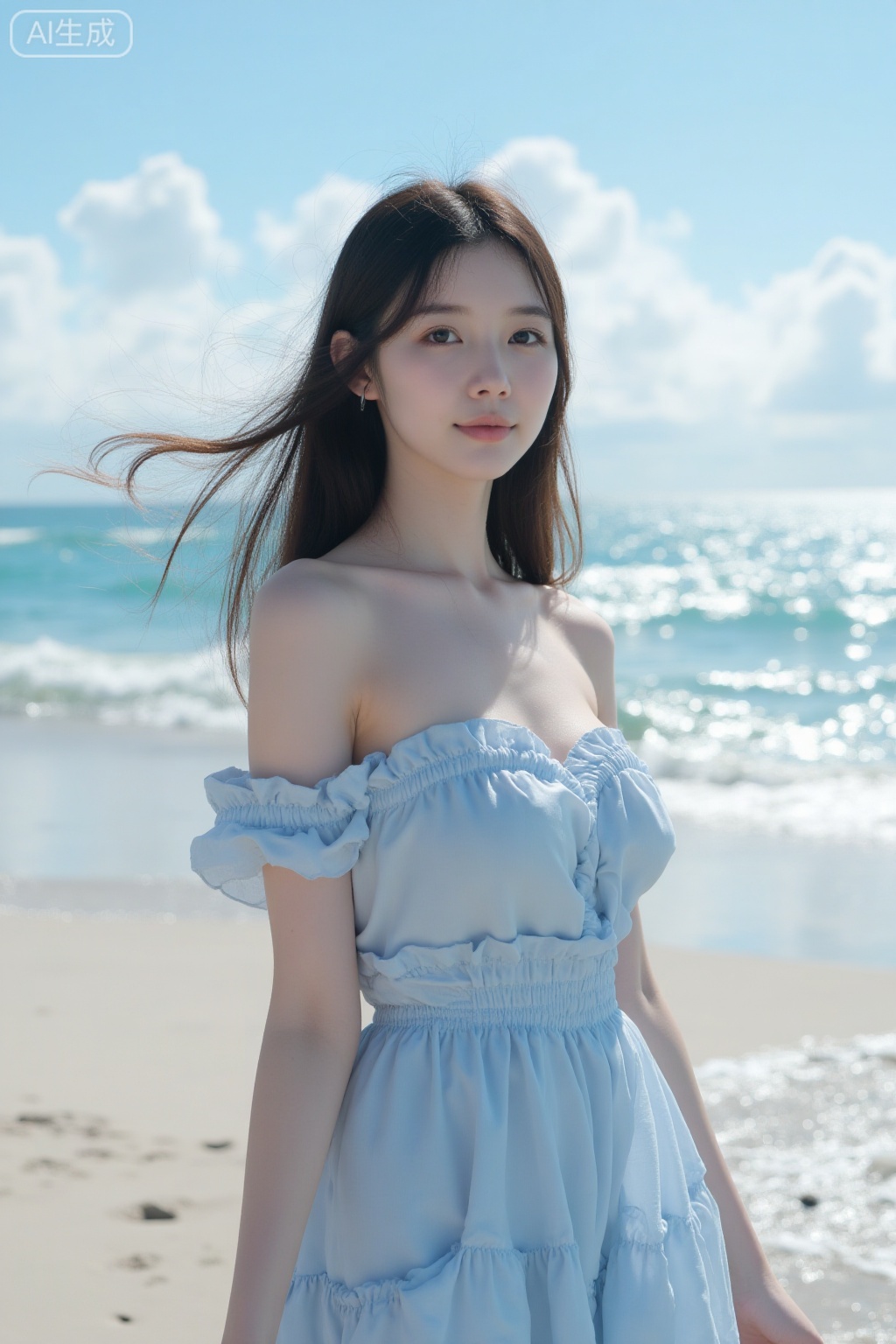 Super realistic photos, complex details, master composition, realistic photography style, 8k resolution, high definition, visual impact, depth of field,
In the sunny beach scene, a beautiful beauty stands on the delicate white sand, the sea breeze blows on her silky brown hair, and her hair dances lightly with the wind. She was wearing a light blue off-shoulder dress, the folds of her skirt drooped naturally and gently swung in the breeze. The beauty's skin exudes a healthy luster. On her delicate face, her bright big eyes flash with a lively light. Under her high nose bridge, her lips slightly raised, revealing a charming smile. The background is an endless blue sea, with waves gently patting the beach, and a few white clouds floating in the sky, and the sun shining on the sea surface, sparkling. The overall tone is mainly blue and gold, creating a fresh and romantic atmosphere. The picture style is high-definition realistic photography, showing the charming style of the beauty on the beach.