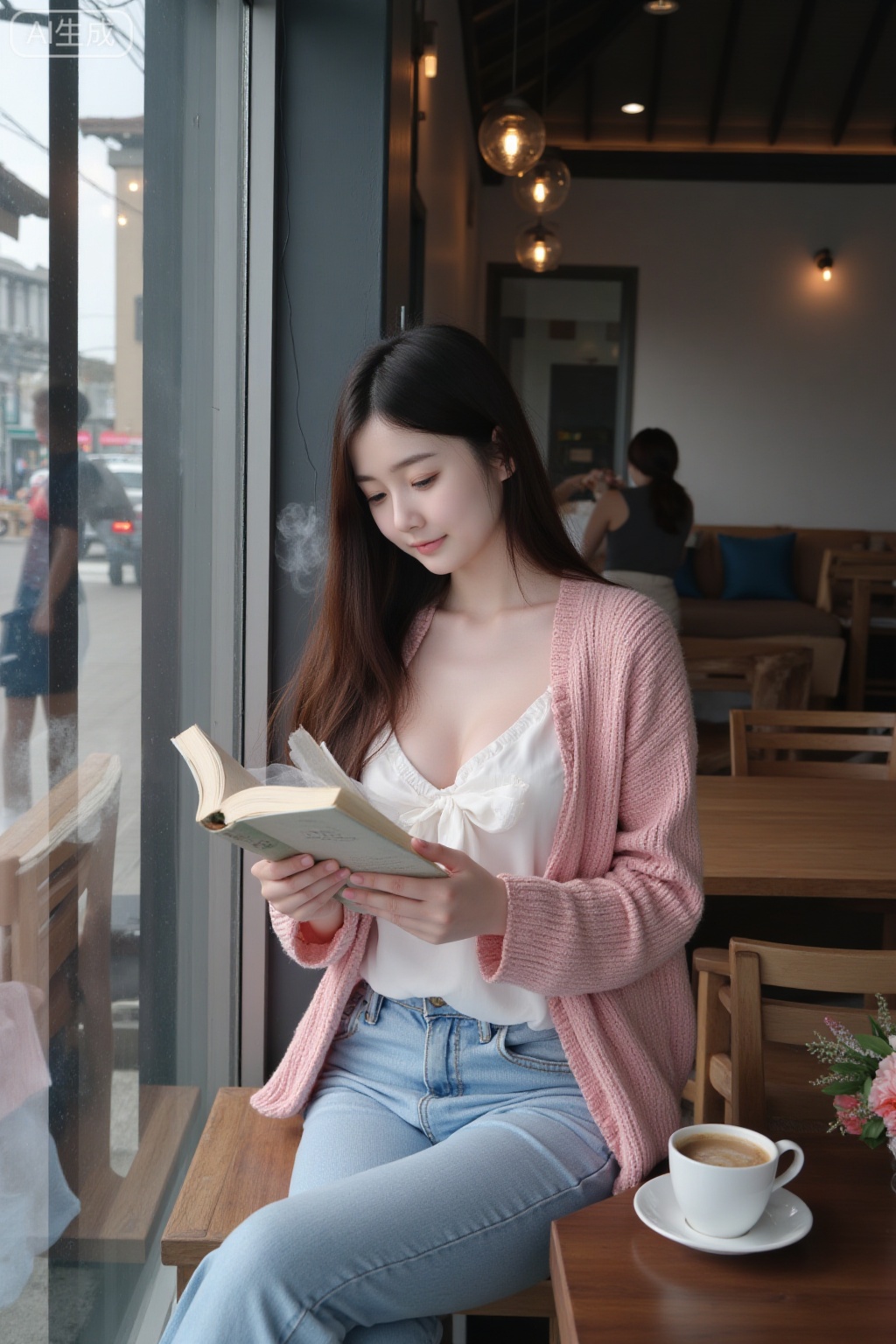 Super realistic photos, complex details, master composition, realistic photography style, 8k resolution, high definition, visual impact, depth of field,
In the cozy cafe, wooden tables and chairs are neatly arranged, and soft lights are sprinkled in every corner. A beautiful beauty sat by the window, and the sun shone on her body through the window. She was wearing a light pink knitted cardigan, a white chiffon shirt inside and a bow tied to the neckline. The lower body is paired with a pair of light blue jeans, which makes her legs look longer. The beauty was holding a hardcover book in her hand. She lowered her head slightly, read intently, with a faint smile on her face. There was a steaming cup of coffee on the table, and a bouquet of fresh flowers next to it. Outside the window is the bustling street, with people coming and going. The tones of the picture are warm and soft, mainly pink, blue and brown. The style is a literary and fresh photo, showing the tranquility and intellectuality of the beauty in the cafe.