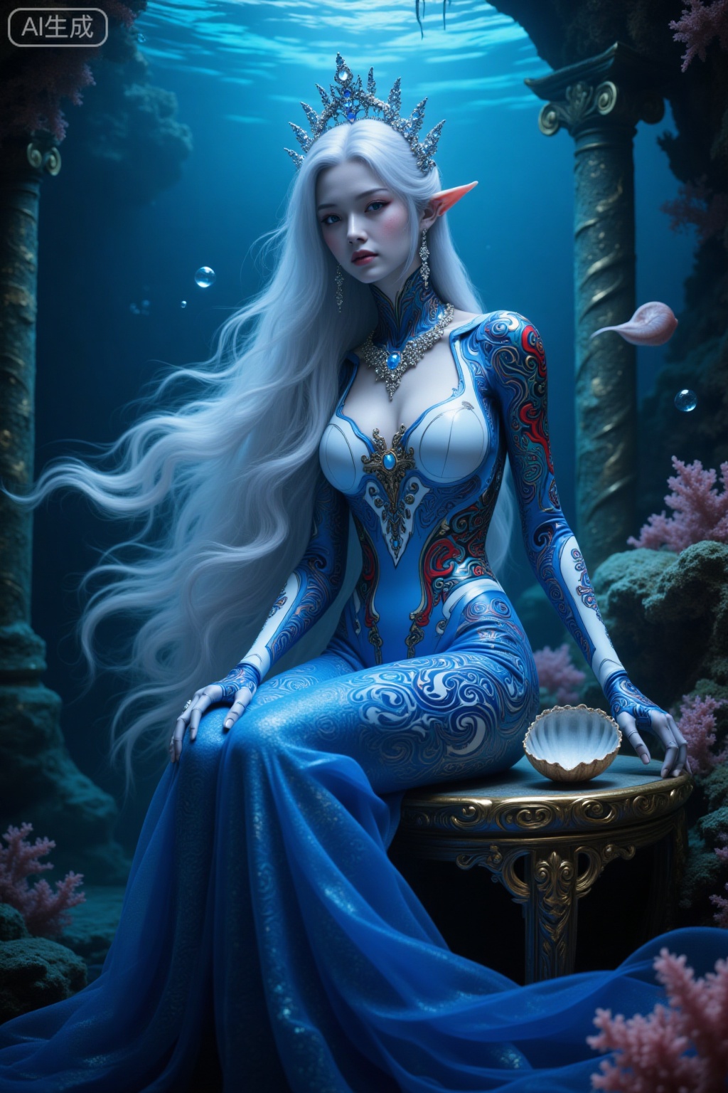 Super realistic photos, complex details, master composition, realistic photography style, 8k resolution, high definition, visual impact, depth of field,
1girl, coral, long hair, solo, sitting, underwater, breasts, jewelry, blue eyes, cleavage, earrings, bubble, air bubble, pointy ears, gem, shell, fish, necklace, pillar, mermaid, white hair, medium breasts, full body, joints, dress, seashell, jellyfish, head fins, looking at viewer, hair ornament, blue dress