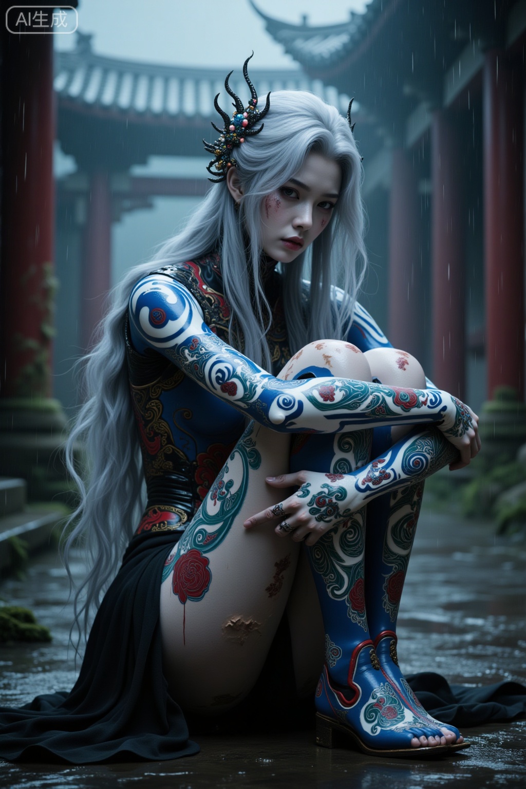 Super realistic photos, complex details, master composition, realistic photography style, 8k resolution, high definition, visual impact, depth of field,
1girl, rain, solo, sad, long hair, sitting, crying, hair ornament, white hair, architecture, hugging own legs, east asian architecture, tattoo, full body, nose, tears, lips, scar, yin yang, facial mark, crying with eyes open, injury, torn clothes, breasts, closed mouth, outdoors, armor, blurry, knees to chest, braid, bodysuit, sky