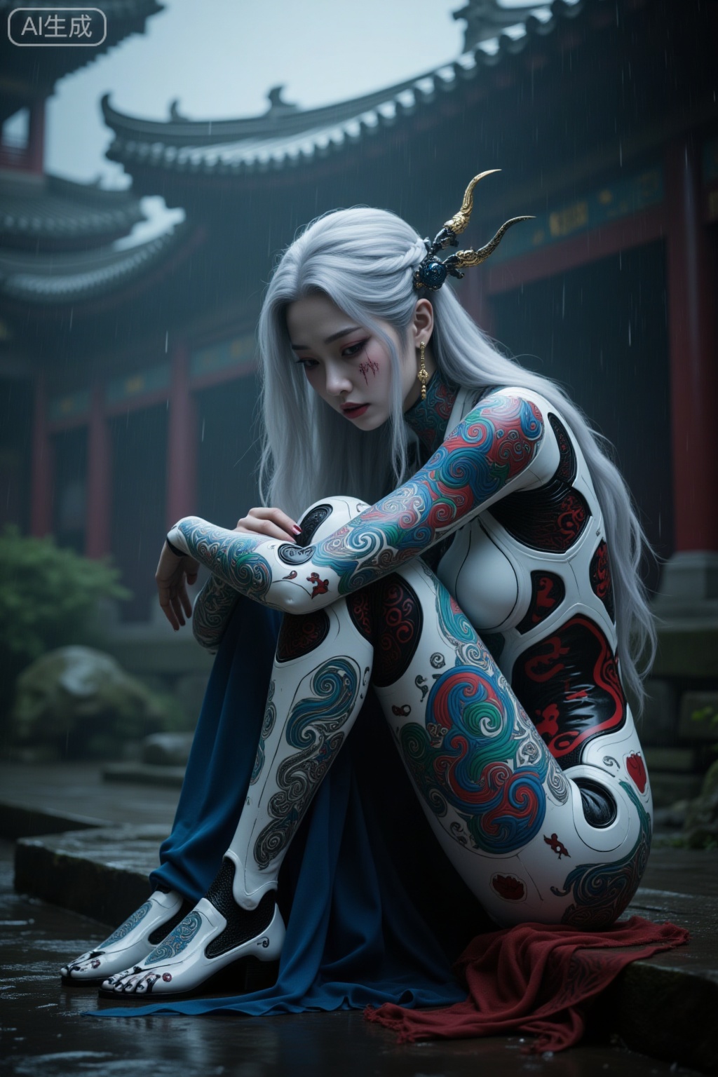 Super realistic photos, complex details, master composition, realistic photography style, 8k resolution, high definition, visual impact, depth of field,
1girl, rain, solo, sad, long hair, sitting, crying, hair ornament, white hair, architecture, hugging own legs, east asian architecture, tattoo, full body, nose, tears, lips, scar, yin yang, facial mark, crying with eyes open, injury, torn clothes, breasts, closed mouth, outdoors, armor, blurry, knees to chest, braid, bodysuit, sky