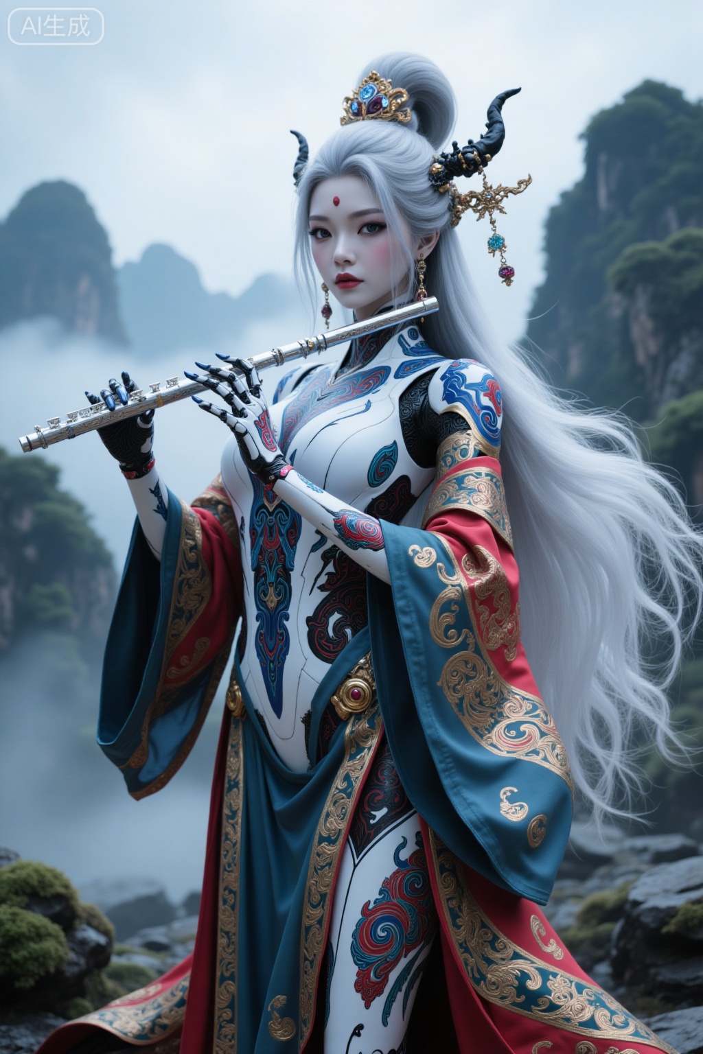 Super realistic photos, complex details, master composition, realistic photography style, 8k resolution, high definition, visual impact, depth of field,
1girl, joints, solo, long hair, looking at viewer, outdoors, doll joints, holding, facial mark, forehead mark, instrument, breasts, hair ornament, android, makeup, jewelry, standing, red lips, mountain, lips, white hair, very long hair, flute, wide sleeves, grey hair, day