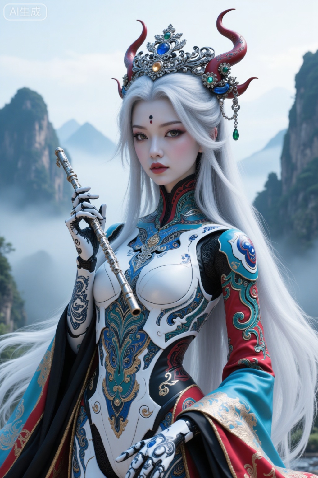 Super realistic photos, complex details, master composition, realistic photography style, 8k resolution, high definition, visual impact, depth of field,
1girl, joints, solo, long hair, looking at viewer, outdoors, doll joints, holding, facial mark, forehead mark, instrument, breasts, hair ornament, android, makeup, jewelry, standing, red lips, mountain, lips, white hair, very long hair, flute, wide sleeves, grey hair, day
